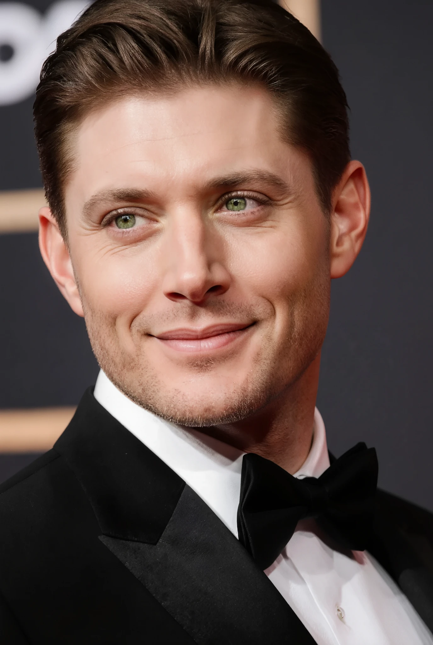 Jensen ackles,Jenack, left-side view, Portrait of a charming young Jensen Ackles in a tuxedo, clean-shaven face, on a red carpet, green eyes, smile, close-up, sharp focus, dynamic pose, high quality, 4K