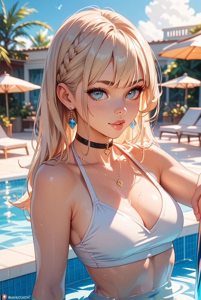 (best quality: 1.2, very detailed, high detail, ultra-high resolution, masterpiece: 1.2, top quality, best aesthetic, perfect lighting, best shadow, high contrast, high color saturation, the best natural light), anatomically correct, perfect hands,
((beautiful and attractive girl, 1 girl)), (20 years old), gal,
(white bikini: 1.3), micro bikini, gorgeous,
medium straight hair, high ponytail, shiny platinum blonde hair, pink highlights on hair , bangs, (pink inner hair: 1.0),
((small head: 1.2)), (small face: 1.2), slender body, slim, long limbs, fluffy breasts, large breasts, tan skin, wet skin, splashes on the body, butt, Rear view,
midnight, beautifully lit poolside, shining starry sky, starlight, blue water, moonlight, lighting effects, light reflection, cinematic lighting, dynamic composition, cyberpunk,
smile, sensual look, sparkling black eyes, moist eyes, (finely detailed beautiful eyes: 1.3), (eyelash: 1.3), (eye shadow: 1.2), (pink lip: 0.9),
necklace, piercings, bracelet,
deep depth of field, anime artwork,