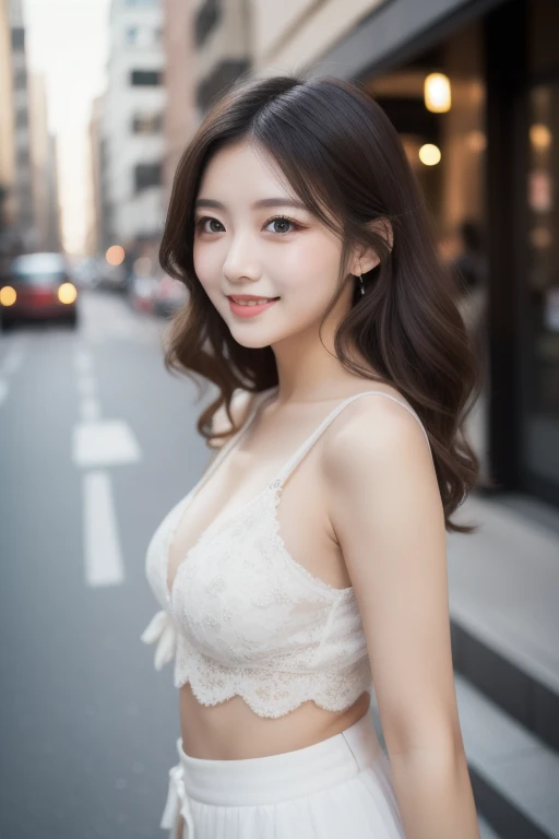 Angel Very Beautiful and Cute Girl, Beautiful detailed eyes, Detailed double eyelids, (largeeyes:1.3),long eyelashes, See-through bang, (beautiful detailed face and eyes:1.4), small nose, small mouth, Beautiful long hair, Happy smile with bare teeth, (Best Quality:1.2), Raw photo, High resolution, perfect detail, Professional Photography, full body shot of,Professional Lighting,BREAK has large round breasts、red provocative panties、red exciting bra、cute and beautiful butt,Walking,Beautiful legs, In the city,Brown hair,