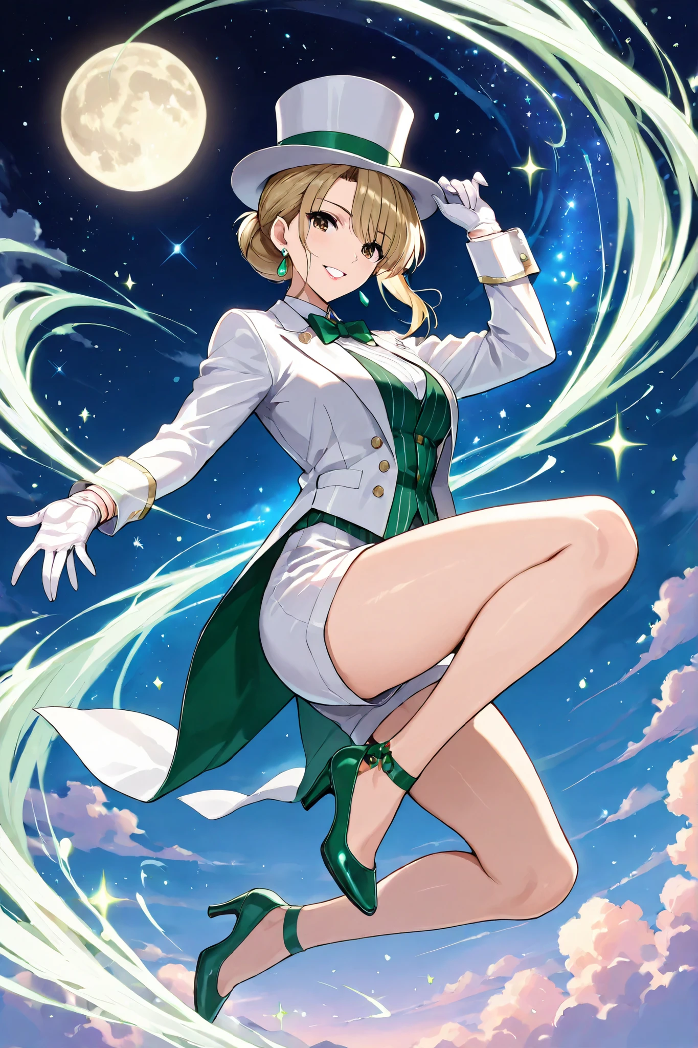 (masterpiece, vibrant colors), solo, 1girl, adult woman in their early thirties, dirty blonde hair, hairbun, chignon, earrings, hazel eyes, beautiful body, sleek legs, lipstick, breasts, (large white silk top hat, green band, snug fit), white tailcoat, green pinstripe vest under tailcoat, green bowtie, white dress shorts, ((white gloves)), green high heels, (grinning, classy, confident , playful), (dapper, magician), starry background, sky scene, night, full moon in sky, clouds, swirling pulses of magic, , floating in the sky, jumping jack pose, guided by the wind, dream-like setting, dynamic pose, (glamorous pose), full body, facing the viewer