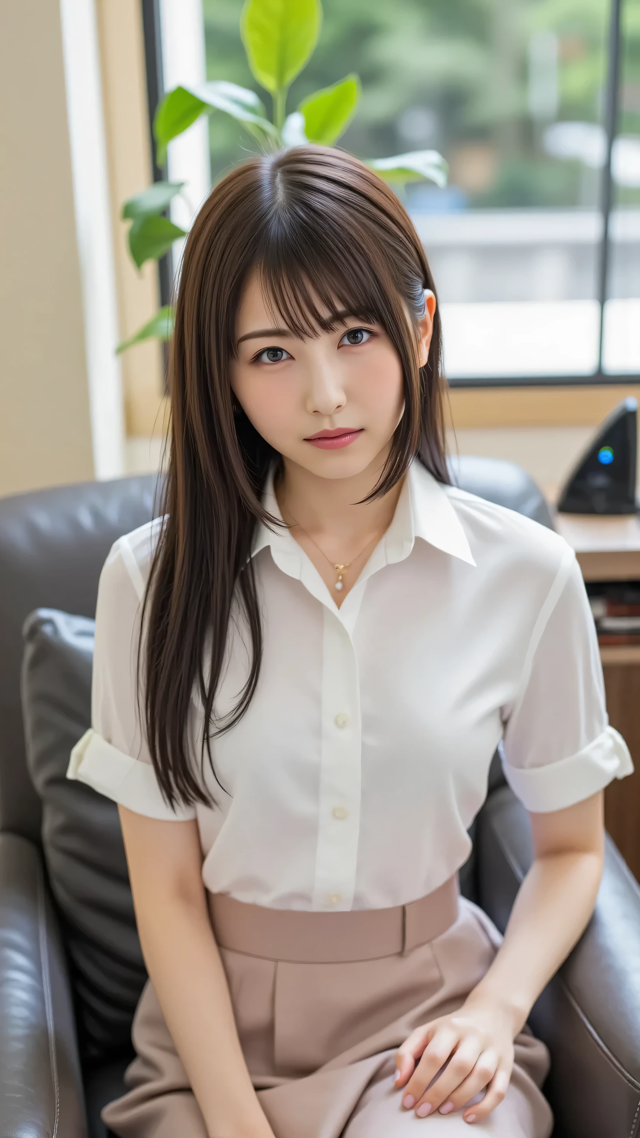 ((( Masterpiece)))、(((Highest Quality)))、(((Beauty Painting)))、realistic portrait、 8k、 beautiful woman:20 years old:accurate anatomy、 beautiful face、 beautiful hair、 Beautiful Eyes、 beautiful breasts:F cup、 beautiful body、 Beautiful legs、((white blouse:tight skirt that can be folded from above:black stockings))、office、best hair and skin texture、 sit on a chair、Realistic 、 natural light、 high-resolution images、A full-body image of a woman is shown、photorealistic、
