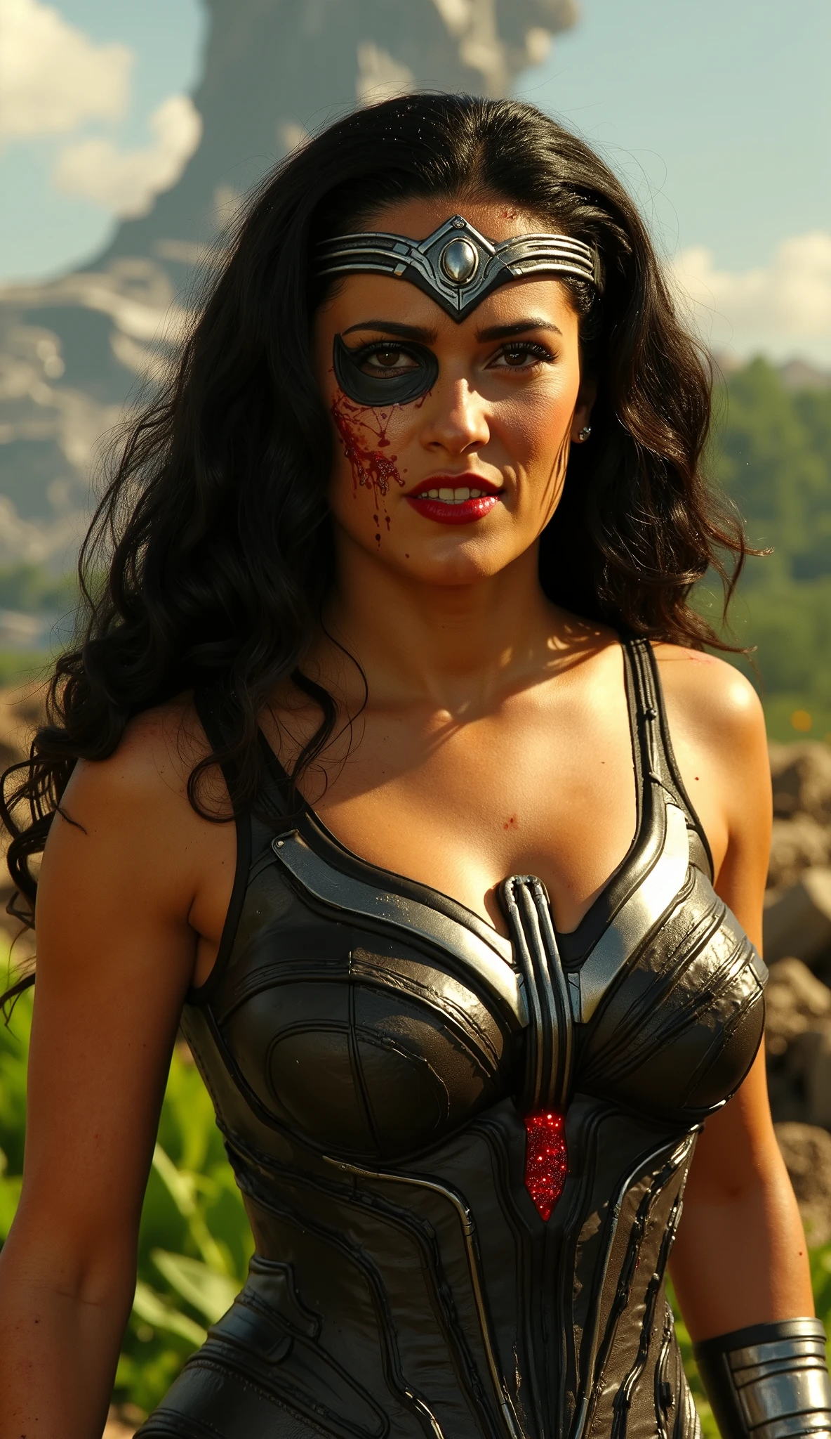 Ultra realistic 20K, Wonder Woman cyborg mode, damaged metallic tiara covered in blood stains, half face replaced with sleek black titanium plates, glowing red eye emitting faint holographic symbols, armor scorched with deep cracks, background of collapsing alien mothership raining debris, golden cinematic light mixed with cold shadows, masterpiece. fundo coqueiro e lago