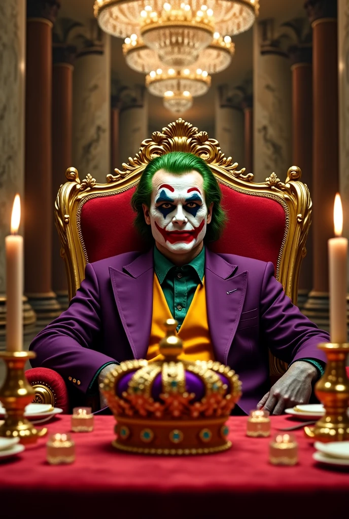 Joker art with crown on head sitting on throne