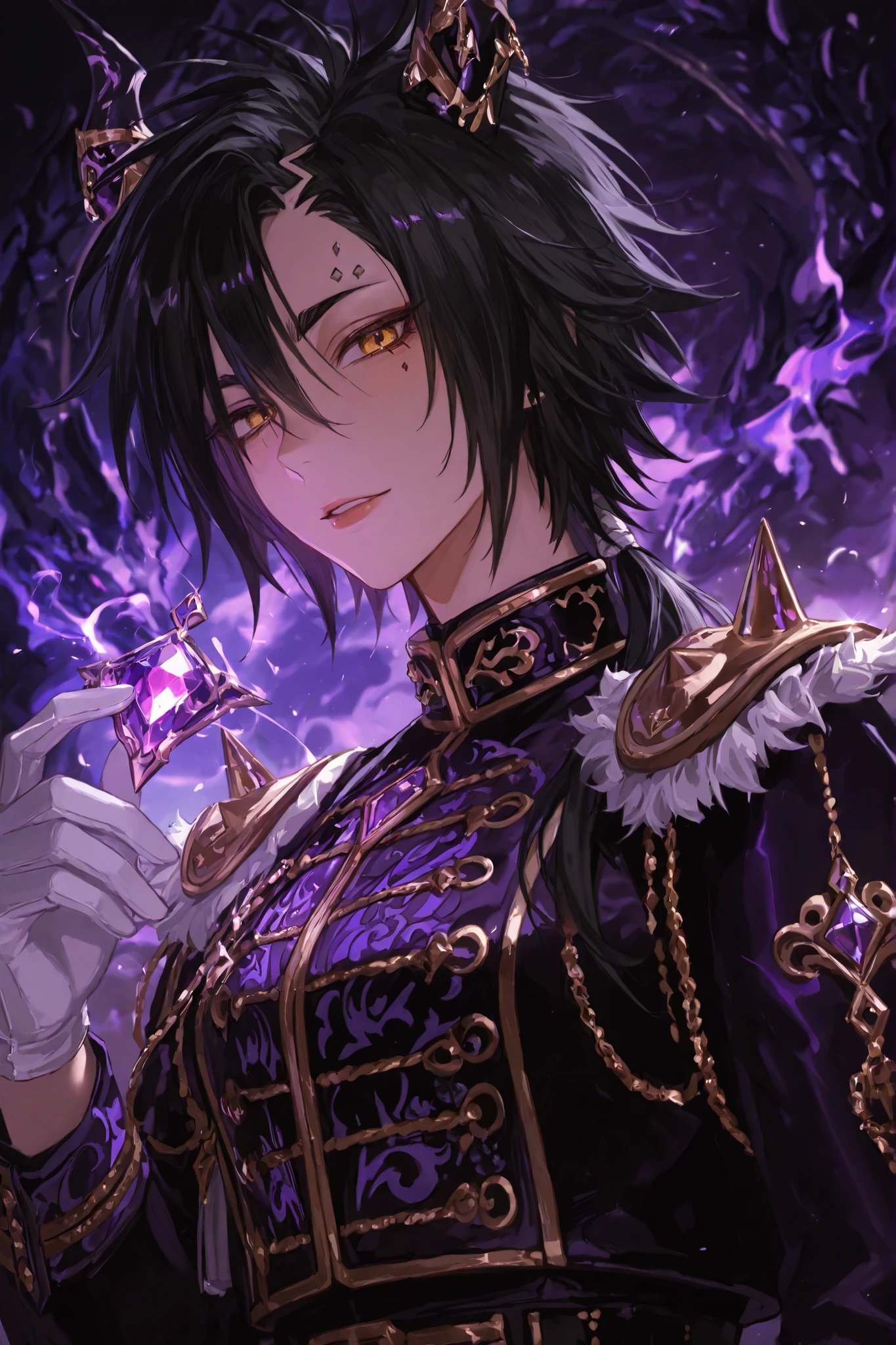 The character Air Shakur is dressed in a striking outfit that combines elements of the Gothic and fantastic styles. The jacket is predominantly black, adorned with intricate embroidery and silver buttons that add details to the front dragons. Purple accents run through the chest and shoulders design, giving it a vibrant and mysterious allure. Nos ombros, with silver and gold details enhance the military-inspired aesthetic of costume. The character wears white gloves that match the scheme Overall clothing colors. His ears are big like horses and with pointed horns, and is adorned with metallic jewelry and a unique hanging jewel. The character's hair is dark and stylized in a disheveled way, single, contributing to the fantastic mood of the image. Geral, The costume is elaborate and emphasizes a, Magic Theme.