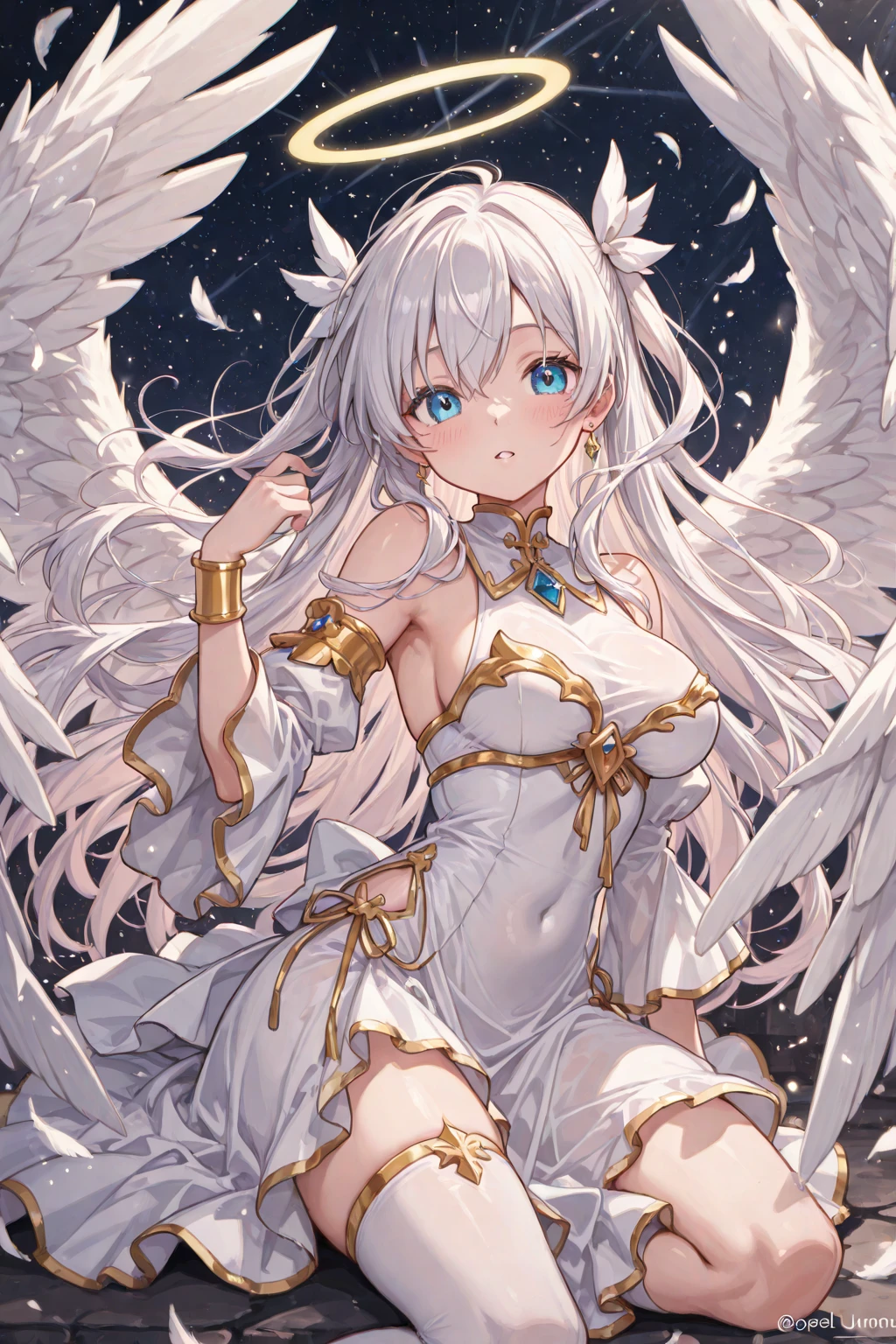 Angel、White wings on the back((1人の女の子Long Hair), (Star-shaped pupils, +_+, Symbol-shaped pupil, Sparkling eyes), ((Toddler girl)) ((5 years old))((naked)) ((nsfw))Long Hair((See-through white baby doll)) ((She lifts up her transparent skirt to reveal her crotch))((She opens her transparent chest to reveal her breasts.))((No panties)) Leg spread、Gold Collar、Gold Smartwatch