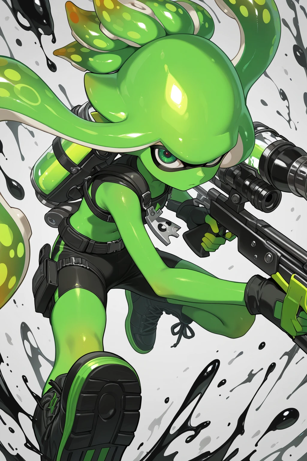 masterpiece、Highest quality、High resolution、Ultra-detailed situational art、Real Anime、3d、(Splatoon girl wearing orange construction work clothes)、((Orange jumpsuit、Orange long overalls))、Black safety belt on shoulder、Black  belt、((Green rubber boots、Green rubber gloves、orange helmet))、Big Breasts、Cleavage、Open front clothing、Dam construction、Walking on the water、Waterlogged ground、Golden Eyes、Golden tentacle hair、A slightly thinner face、smile、Daytime、The background is the horizon of the dam、