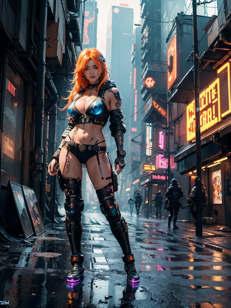 Unbeatable masterpiece, Ultra photo realsisim, Perfect Artwork, Intricate details, Best Quality, strong lights,High contrast,((Post apocalyptic futuristic Cyberpunk , outline):1.35) , ((masterpiece)),((Extremely detailed)) , ((extremely detailed and beautiful face)) , Smoky makeup, Perfectcomposition , intricate detailes , neon light , neon trim, (full body Esbian:1.25) , (Official art) , Very delicately beautiful cyberpunk girl, long orange colored hair blowing in the wind, vibrant blue eyes, long detailed eyelashes, huge enormously gigantic , cleavage showing, wearing highly detailed futuristic hooded battle armor, tons of tattoos and piercings(1girl:1.3) , Solo , (glass screen:1.2) , (Clear glass) , Tindall Effect , Colorful refraction , visual impact , (High light contrast) , Colorful , Melt , (Cyberpunk:1.2) ,(flinch :1.4) ,