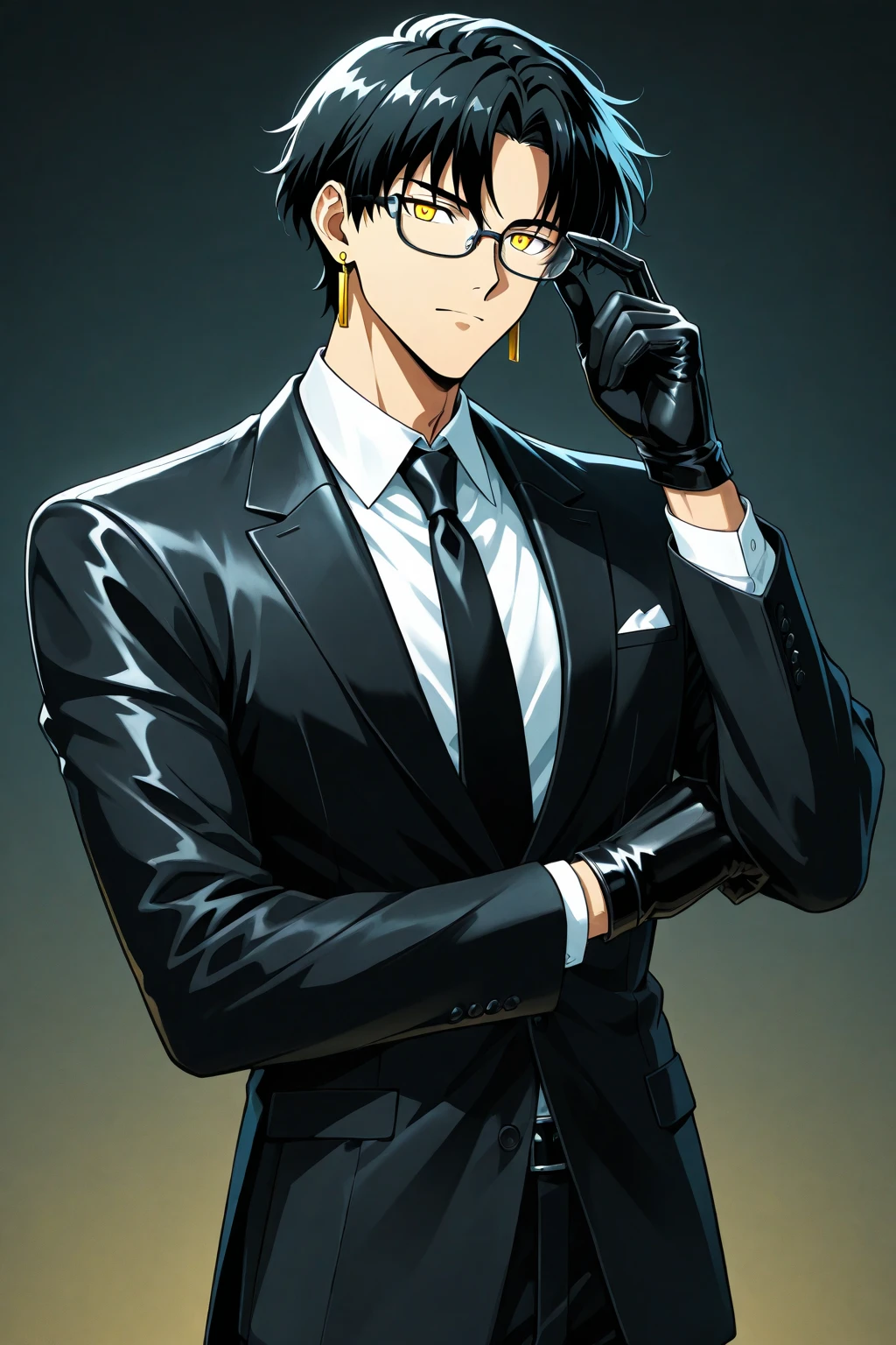 Young man, black shorts hair, eyes gray, glasses, black Fedora hat, black suit, black pants, pocket clock, strong