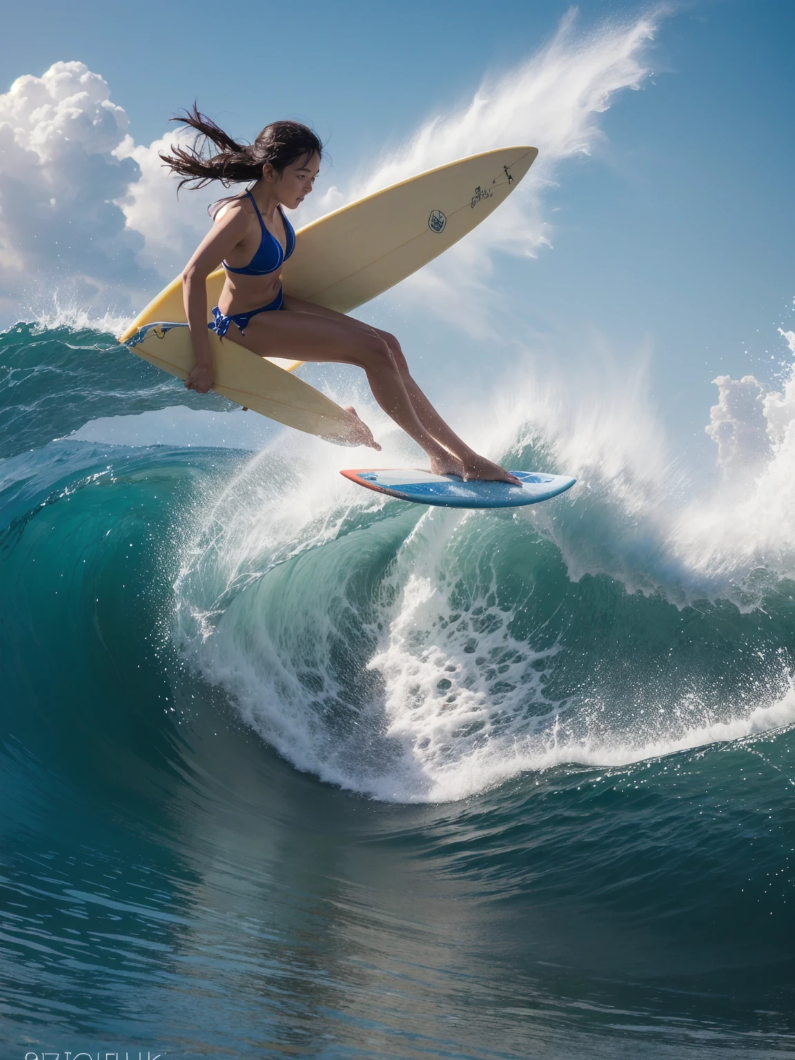 Adult women in Japan、smile、Girlfriend、Jump、jump、horizontal line、blue sky、Big Wave、Sailing、North Shore、surfing