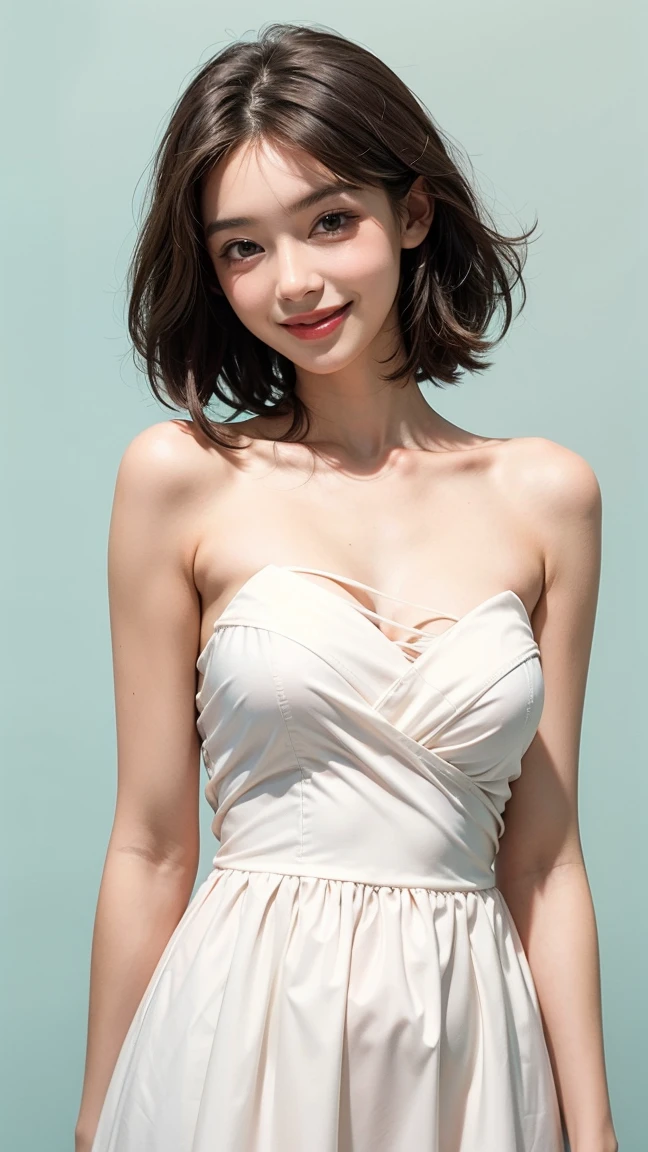 The beauty of 8K raw photos:2.0, Japanese woman, short hair, 18 years old, great face and dark eyes, looking down, looking at the viewer:1.5, big smile, wet hair, spread the legs wide, tiny top, orange dress:1.2), shinny skin, realistic:1.9, very detailed, cowboy shot from bottom:1.2, High resolution RAW color photos, professional photos, Taken at the studio, plain wallpaper, girl sexy portrait