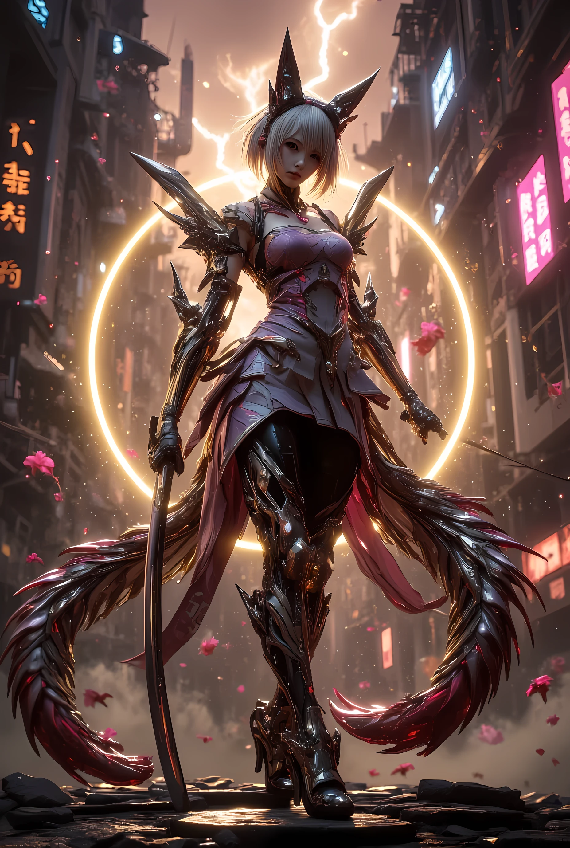 (masterpiece, best quality, ultra detailed, absurdres, 8K, HDR, cinematic lighting, dramatic_lighting, volumetric lighting, subsurface scattering, shiny accents, hyper realistic, anime 3D style, depth of field, rim light, chromatic_aberration, soft bokeh) A breathtaking lone female warrior — fusion of cyberpunk elegance and kitsune spirit — short light-silver raven-like hair with red cosmic streaks, golden-abyss eyes with a sharp yet beautiful and alluring gaze, flawless porcelain skin, subtle red scales along arms and collarbone, dark purple headband. She wears a puffy-sleeved high-collared battle dress with intricate feather details and a front slit revealing dark thigh-high stockings and knee-high armored boots. Glowing exoskeleton accents with molten lava cracks and spectral mist shimmer along her form. She holds a curved silver katana with glowing runes in her right hand, left arm poised gracefully. Sweet gentle smile softens her fierce presence. Dynamic free-style extreme pose — her body twisting elegantly mid-motion, hair and outfit flowing dramatically in the wind, tails spiraling with movement. Nine large luminous fox tails float around her, detailed fox ears, kyuubi markings, delicate fantasy makeup enhancing her ethereal beauty. Scene: She stands alone on rubble in a ruined futuristic city bathed in golden-magenta sunset with fractal lightning, plasma rain, drifting cherry blossoms, floating lanterns, glowing alien flowers, and soft ambient mist. Solar beams cut through storm clouds, crystalline shards sparkle in the air, stardust particles drift around her, galaxy swirls in the distant sky. (artist:mazjojo:0.67), (artist:pigeon666:0.83), (artist:zawar379:0.73), (artist:konya karasue:0.55), (artist:remsrar:0.65), (artist:yoneyama mai:0.5), (quasarcake:0.4), (wlop:0.3), nub1mo, (Yomu:0.3), (dino_(dinoartforame):0.5), KEZIME, SuigiStyleILXL, housou-kun, 4ur4_illu.