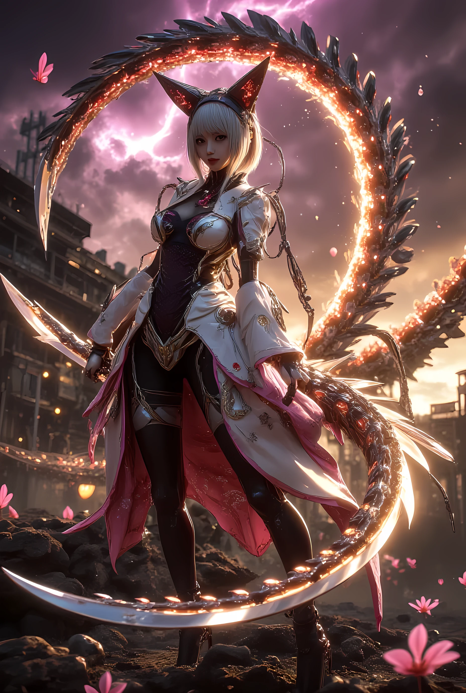 (masterpiece, best quality, ultra detailed, absurdres, 8K, HDR, cinematic lighting, dramatic_lighting, volumetric lighting, subsurface scattering, shiny accents, hyper realistic, anime 3D style, depth of field, rim light, chromatic_aberration, soft bokeh) A breathtaking lone female warrior — fusion of cyberpunk elegance and kitsune spirit — short light-silver raven-like hair with red cosmic streaks, golden-abyss eyes with a sharp yet beautiful and alluring gaze, flawless porcelain skin, subtle red scales along arms and collarbone, dark purple headband. She wears a puffy-sleeved high-collared battle dress with intricate feather details and a front slit revealing dark thigh-high stockings and knee-high armored boots. Glowing exoskeleton accents with molten lava cracks and spectral mist shimmer along her form. She holds a curved silver katana with glowing runes in her right hand, left arm poised gracefully. Sweet gentle smile softens her fierce presence. Dynamic free-style extreme pose — her body twisting elegantly mid-motion, hair and outfit flowing dramatically in the wind, tails spiraling with movement. Nine large luminous fox tails float around her, detailed fox ears, kyuubi markings, delicate fantasy makeup enhancing her ethereal beauty. Scene: She stands alone on rubble in a ruined futuristic city bathed in golden-magenta sunset with fractal lightning, plasma rain, drifting cherry blossoms, floating lanterns, glowing alien flowers, and soft ambient mist. Solar beams cut through storm clouds, crystalline shards sparkle in the air, stardust particles drift around her, galaxy swirls in the distant sky. (artist:mazjojo:0.67), (artist:pigeon666:0.83), (artist:zawar379:0.73), (artist:konya karasue:0.55), (artist:remsrar:0.65), (artist:yoneyama mai:0.5), (quasarcake:0.4), (wlop:0.3), nub1mo, (Yomu:0.3), (dino_(dinoartforame):0.5), KEZIME, SuigiStyleILXL, housou-kun, 4ur4_illu.