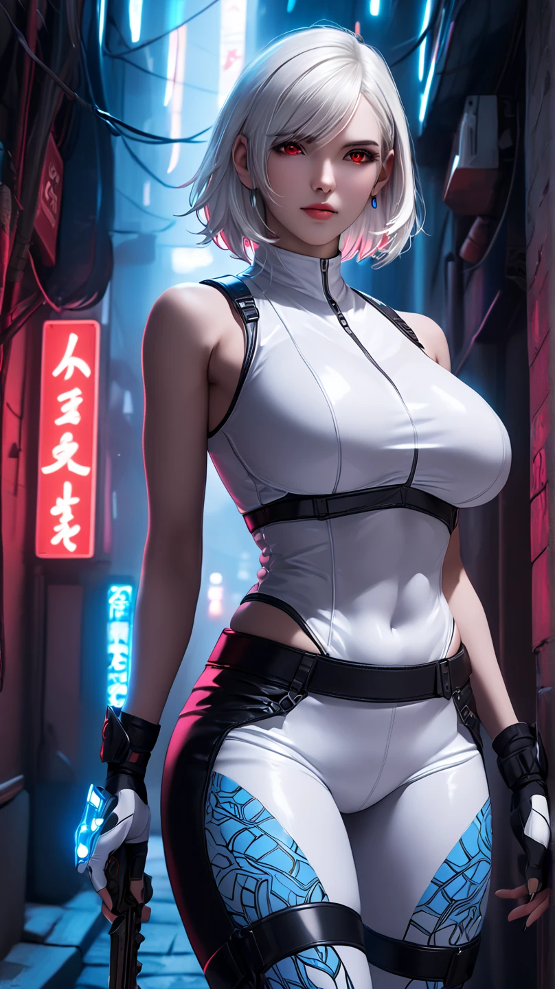 lucy \(cyberpunk\), 1girl, arm up, asymmetrical hair, belt, bodysuit, (large breasts:1.3), wide thighs, covered mouth, covered navel, detached sleeves, grey eyes, hip vent, looking at viewer, night, night sky, pouch, short hair, sky, solo, white hair, wire, short shorts, shorts, open jacket,