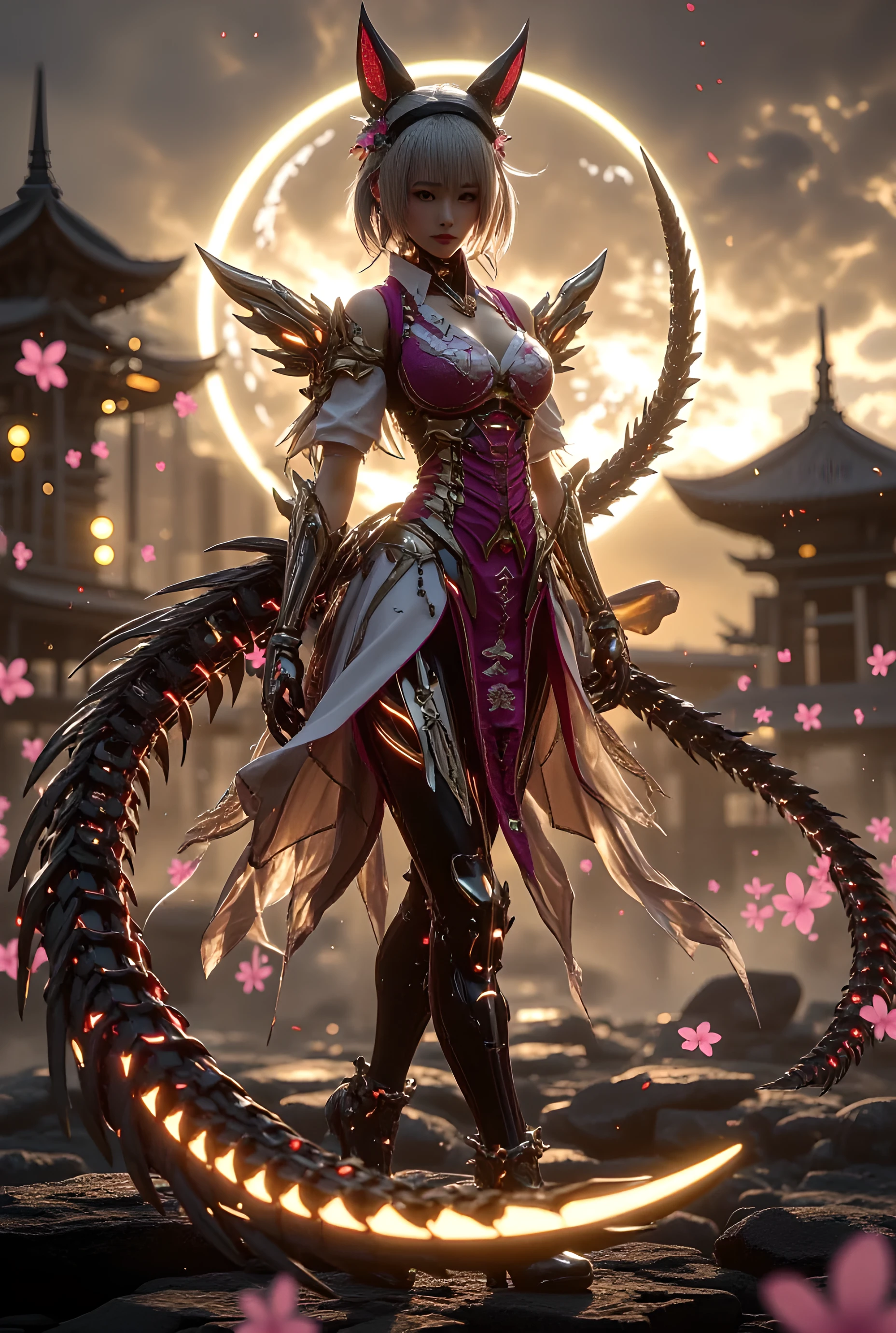 (masterpiece, best quality, ultra detailed, absurdres, 8K, HDR, cinematic lighting, dramatic_lighting, volumetric lighting, subsurface scattering, shiny accents, hyper realistic, anime 3D style, depth of field, rim light, chromatic_aberration, soft bokeh) A breathtaking lone female warrior — fusion of cyberpunk elegance and kitsune spirit — short light-silver raven-like hair with red cosmic streaks, golden-abyss eyes with a sharp yet beautiful and alluring gaze, flawless porcelain skin, subtle red scales along arms and collarbone, dark purple headband. She wears a puffy-sleeved high-collared battle dress with intricate feather details and a front slit revealing dark thigh-high stockings and knee-high armored boots. Glowing exoskeleton accents with molten lava cracks and spectral mist shimmer along her form. She holds a curved silver katana with glowing runes in her right hand, left arm poised gracefully. Sweet gentle smile softens her fierce presence. Dynamic free-style extreme pose — her body twisting elegantly mid-motion, hair and outfit flowing dramatically in the wind, tails spiraling with movement. Nine large luminous fox tails float around her, detailed fox ears, kyuubi markings, delicate fantasy makeup enhancing her ethereal beauty. Scene: She stands alone on rubble in a ruined futuristic city bathed in golden-magenta sunset with fractal lightning, plasma rain, drifting cherry blossoms, floating lanterns, glowing alien flowers, and soft ambient mist. Solar beams cut through storm clouds, crystalline shards sparkle in the air, stardust particles drift around her, galaxy swirls in the distant sky. (artist:mazjojo:0.67), (artist:pigeon666:0.83), (artist:zawar379:0.73), (artist:konya karasue:0.55), (artist:remsrar:0.65), (artist:yoneyama mai:0.5), (quasarcake:0.4), (wlop:0.3), nub1mo, (Yomu:0.3), (dino_(dinoartforame):0.5), KEZIME, SuigiStyleILXL, housou-kun, 4ur4_illu.