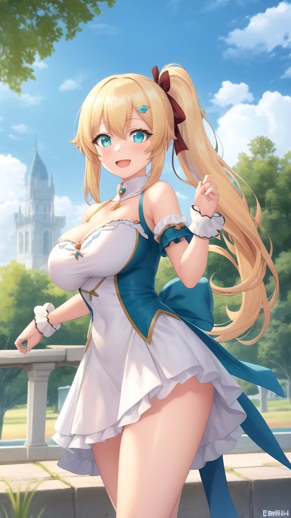 (((masterpiece))), (((highest quality))), nsfw,((Super detailed)), (figure), ((Very delicate and beautiful)), ((Super detailed)), ((High resolution)), (((20-year-old))), meexpensiveic cloth, (Cheerleader), (Super Heroine), (Android), Delicate metal decoration, Glowing Skin, Shiny body, Two legs, breast focus, (((expensive))), Thin legs, ((Big round eyes)), Cute eyes, Droopy eyes, ((Adult)), both hands, Five Fingers, No extra hands, Elegant smile, Braiding, ((meexpensiveic blue)), (See through), (Dark Blonde), ((Super big boobs)), (Shining brightly), Outdoor, mini skirt, Daytime, ((Biopunk)), (Hair shorter than shoulders), (Medium length hair), Female type, (Clothing that exposes the midsection), garden,Lift up your skirt:1.5,Red micro panties