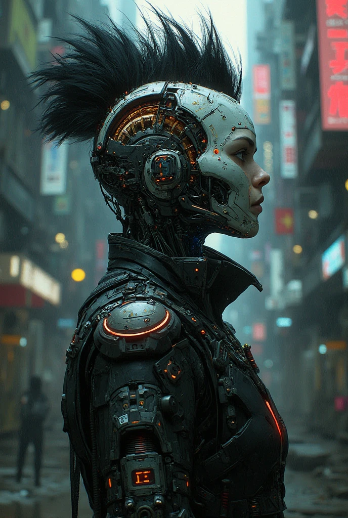 obra maestra, mejor calidad, a closeup of a futuristic looking cyborg girl with a fantastic cyber helmet head with red triangular LED lights and a halo, vestido con una chaqueta Techwear negra, cuerpo entero fondo blanco