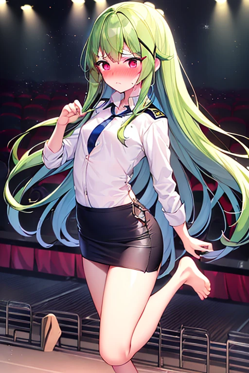(1girl in),(High quality), (hight resolution), (Highly detailed), (in 8K),(lower body shot),Ram from Urusei Yatsura is wearing a transparent sailor swimsuit at school.),(Wearing black pantyhose)No shoes,Perfect Lighting,(Beautifully erect nipple shape:1.1),hight resolutionの美しい目,(Neutral white lighting:1.2),simple background,