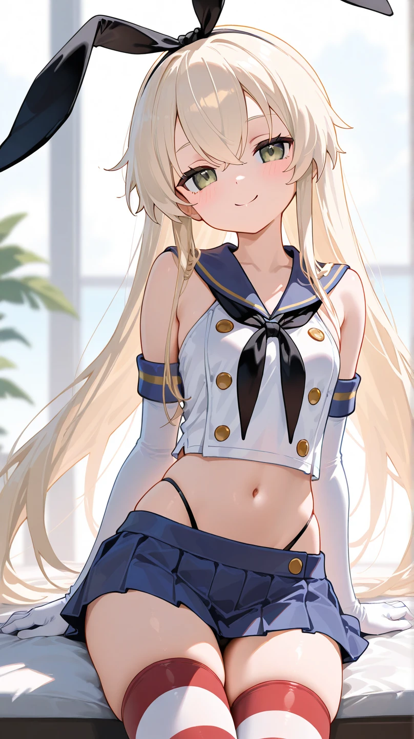 (masterpiece, best quality:1.2),illustration,8k,hd,1girl,solo,cowboy shot,long_hair,blonde_hair,elbow_gloves,underwear,striped_thighhighs,white_gloves,smile,navel,yellow eyes,highleg_panties,black_panties,anchor_hair_ornament,highleg,blush,school_uniform,crop_top,sailor_collar,hairband,hair_ornament,serafuku,miniskirt,pleated_skirt,blue_skirt,sleeveless,bare_shoulders,hair_between_eyes,grey_footwear,microskirt,midriff,neckerchief,collarbone,<lora:Shimakaze(kan)>,
