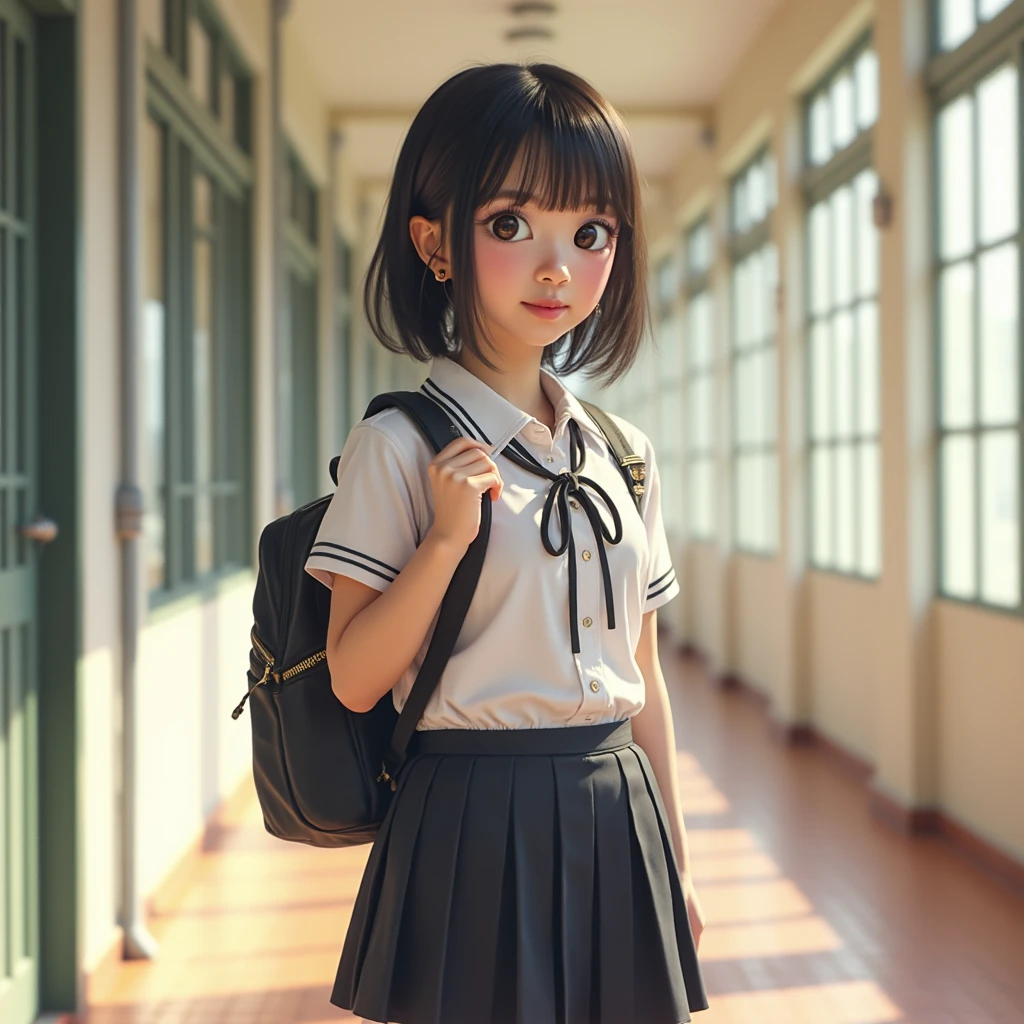 A charming little girl carrying a backpack and carrying her cute little dog looks at the audience and enjoys a cute spring outing surrounded by beautiful yellow flowers and natural scenery. The illustration is a high-definition illustration in 4K resolution with highly detailed facial features and cartoon-style visuals, (Butterfly Dance)