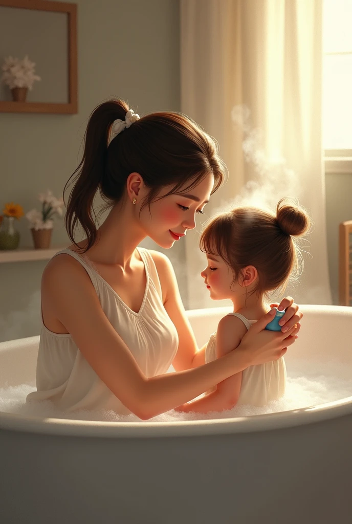 Mother giving her daughter a bath
