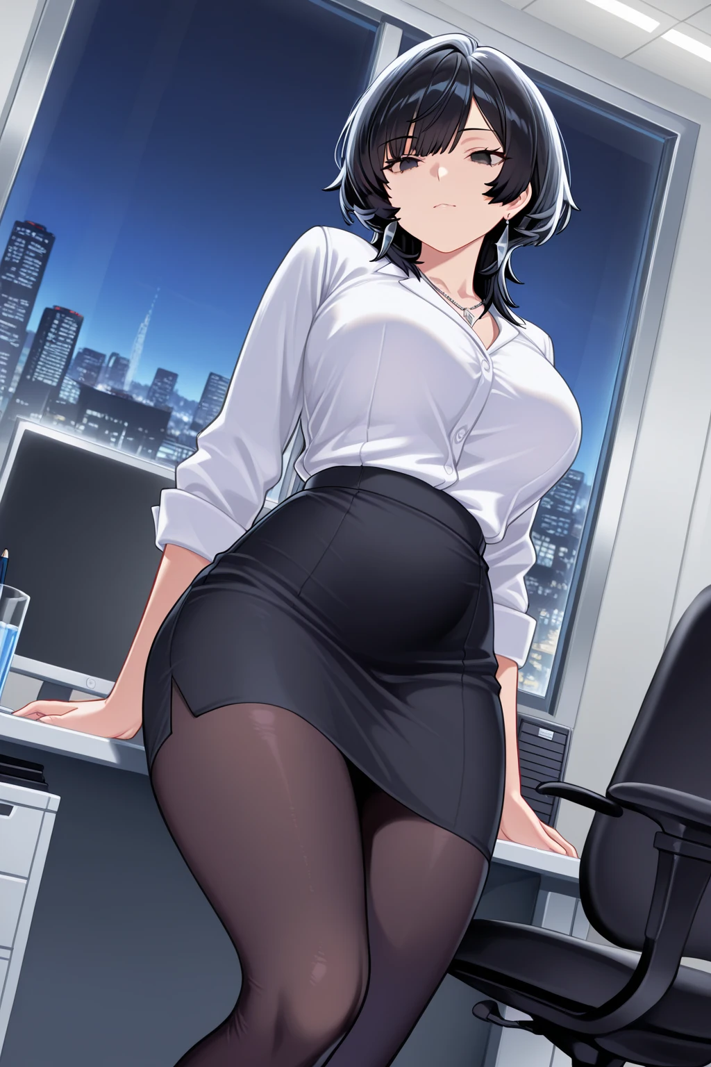 {lady with shoulder-length black hair named Rico}, business suits,tall,''short hair,lovestruck,grossy lips, (It feels like saying Hello, daytime hours), indoor,{going out style}, ((Heart-shaped choker) ), (office room), Bright background,purple eyes, Mole under the eye, Heart-shaped choker, ((Masterpiece)), Highly detailed CG Unity 8k wallpaper), Top quality,, Detailed background, beautifully detailed eyes, heart shaped pupils,hollow eyes, looking at viewer,(very delicate and beautiful)), ((beautiful) eyes (detailed description),extra large breasts, browse,shirts,black vest,floating heart,sadistic smile,growing eyes,try to show me panty and lingerie,black lace,shirts,earring,from behind,stick out ass,tight skirt,thighhigh,put hands on skirt,glowing eyes,embrassing,garter,