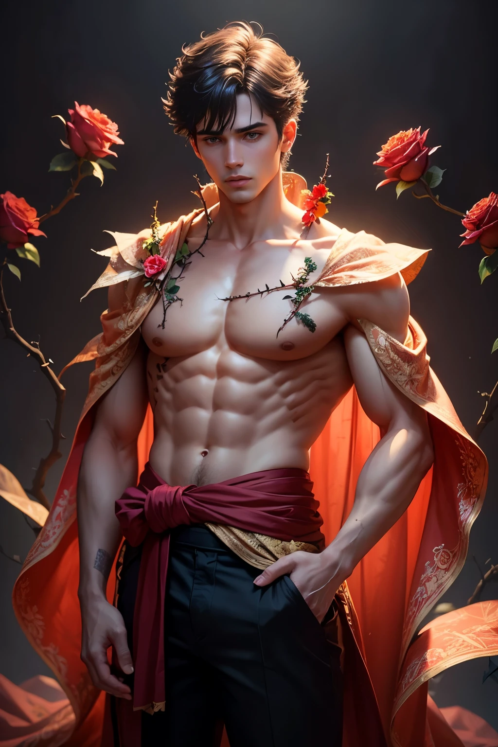 (absurdres, highres, ultra detailed, HDR), masterpiece, intricate details, best quality close-up picture of a character from suikoden, a character with handsome looks, korean face, original hair, short hair, anime blue eyes, smirking face, matured teen, tim Burton theme, topless outfit showing chest, crop top, detailed horror town setting background, colorful roses scenery, detailed character, art kenouji