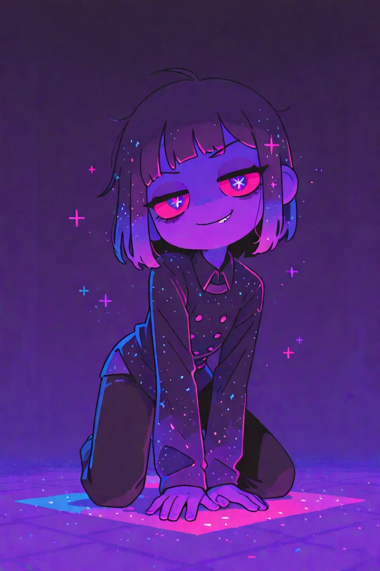 loli, short hair, dark hair, tan, green eyes, black sweater, bare legs, Sitting looking at the window, it's night, The night is full of bright stars,