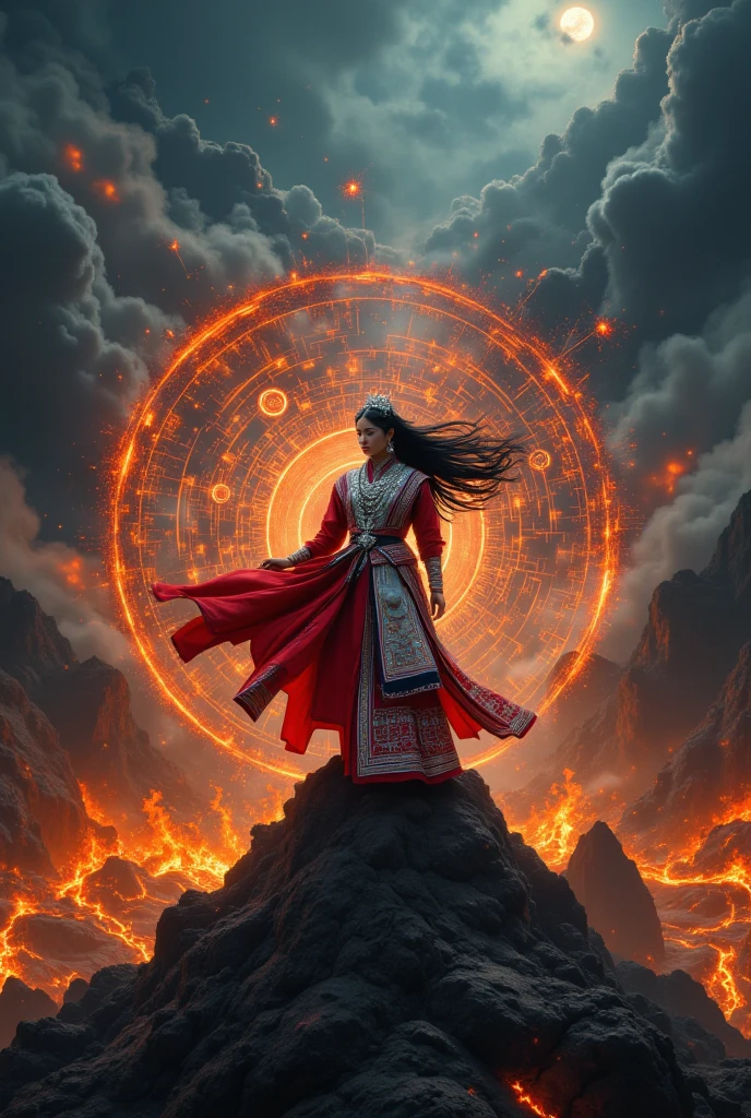 Picture a Hmong warrior clad in crimson armor, standing atop a fiery ...