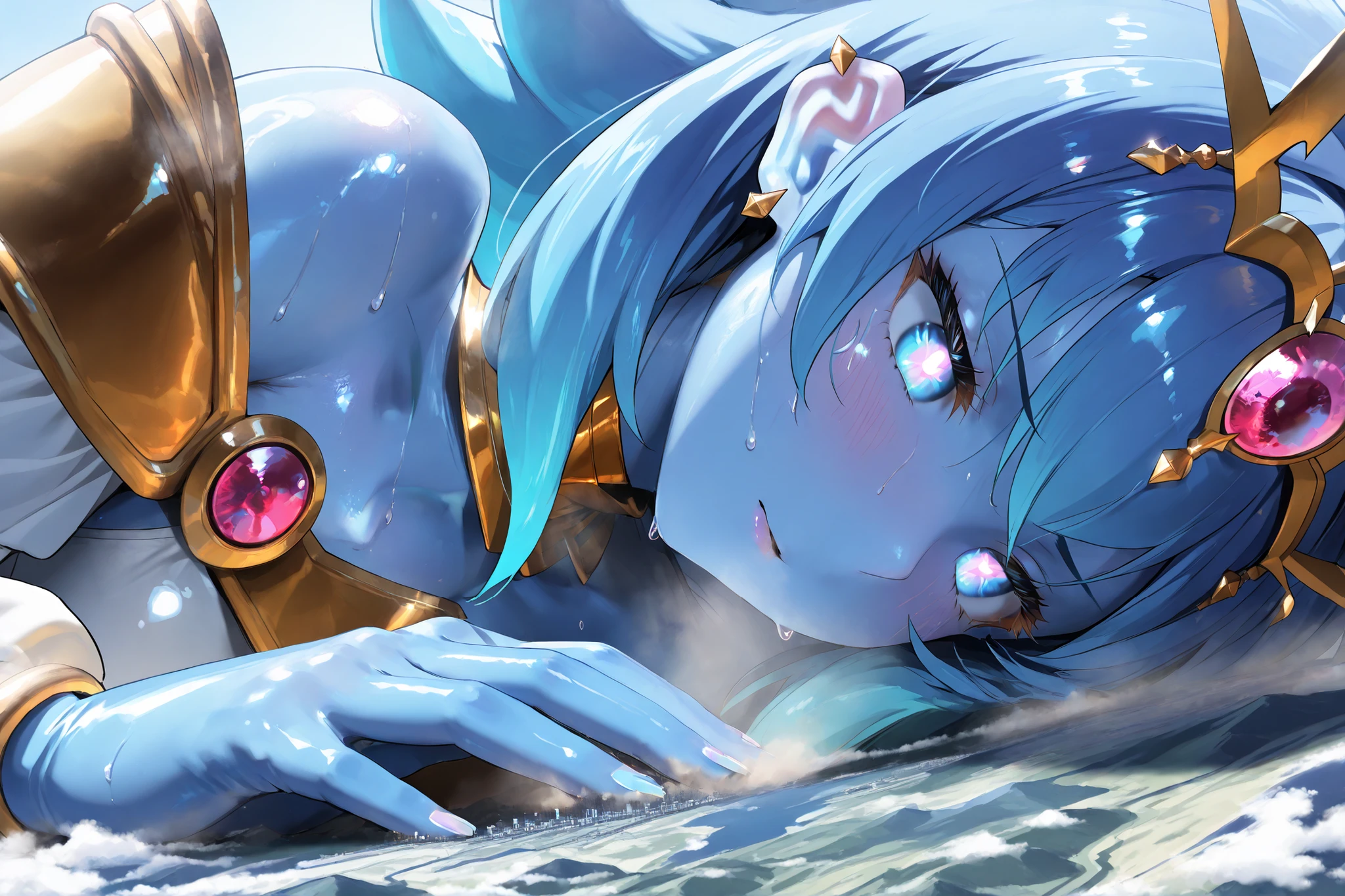 (masterpiece , Highest quality , Ultra-high resolution) , 1girl , spirit king wave , gold headpiece , shoulders , white pelvic curtain , gold armor , white leotard , white puffy long sleeves , gold ear piercing , (blue skin) , latex skin , glossy skin, glossy hair, white tattoo , (Sweat) , (steamy), glossy skin , shiny skin , glistening skin, Macro, Giantess, Landscape, Aerial Perspective, close up, , R-18, cool backlight, lying down,