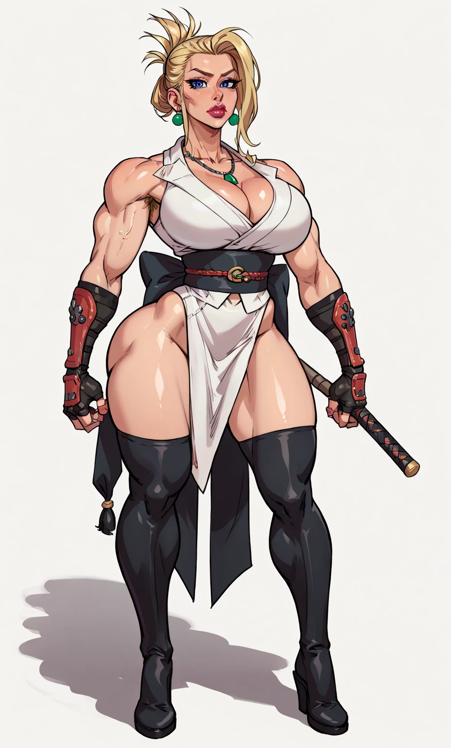 (masterpiece), best quality, female warrior, huge girl, female muscular:1.2, hair over one eye, ginger hair, massive breast, curvy, ((thick thighs:1.4)), (((blank background))), ((full body)), fingerless gloves, sandals, sleeveless, covered nipples, (underboobs:1.3), medium hair, thin hair