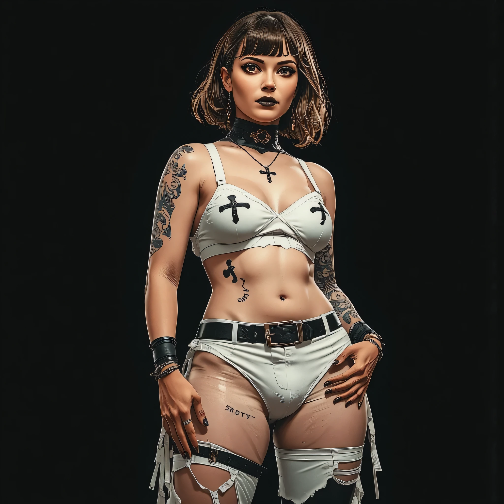 ((masterpiece, best quality)), (Punk Caucasian female wrestler in white bra and white cotton panties), short combed back hair, in a changing room, heavily tattooed, ear gouging, heavy makeup, black lipstick, shapely posterior, photo realistic, intricate details