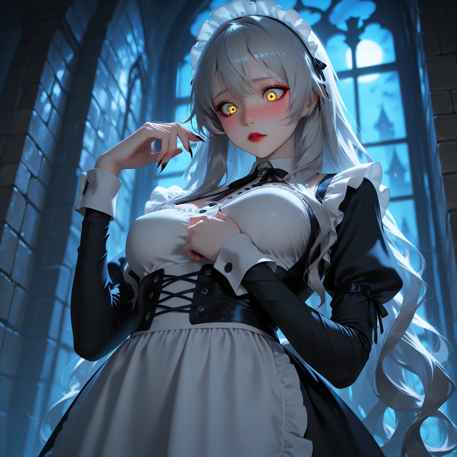 (1 girl 1.3) (extremely detailed 1.3) (anatomically correct, High precision, realistic skin, realistic Fingers, ) (RAW photo, Super detailed, advanced details, intricate details,), (Lighting: Face lighting, Ray tracing, reflective light, Structurally correct) ((inside a Gothic house, candlelight lights the room)) (Subject: beautiful Asian woman with White hair in curls and coils) (wearing a Powder Blue Gothic Lolita dress, White corset, white, neck wrists and fingers, ((beautiful big eyes looking up at the viewer, black shiny lipstick, perfect Asian goth cyber makeup)) Devilish Smile