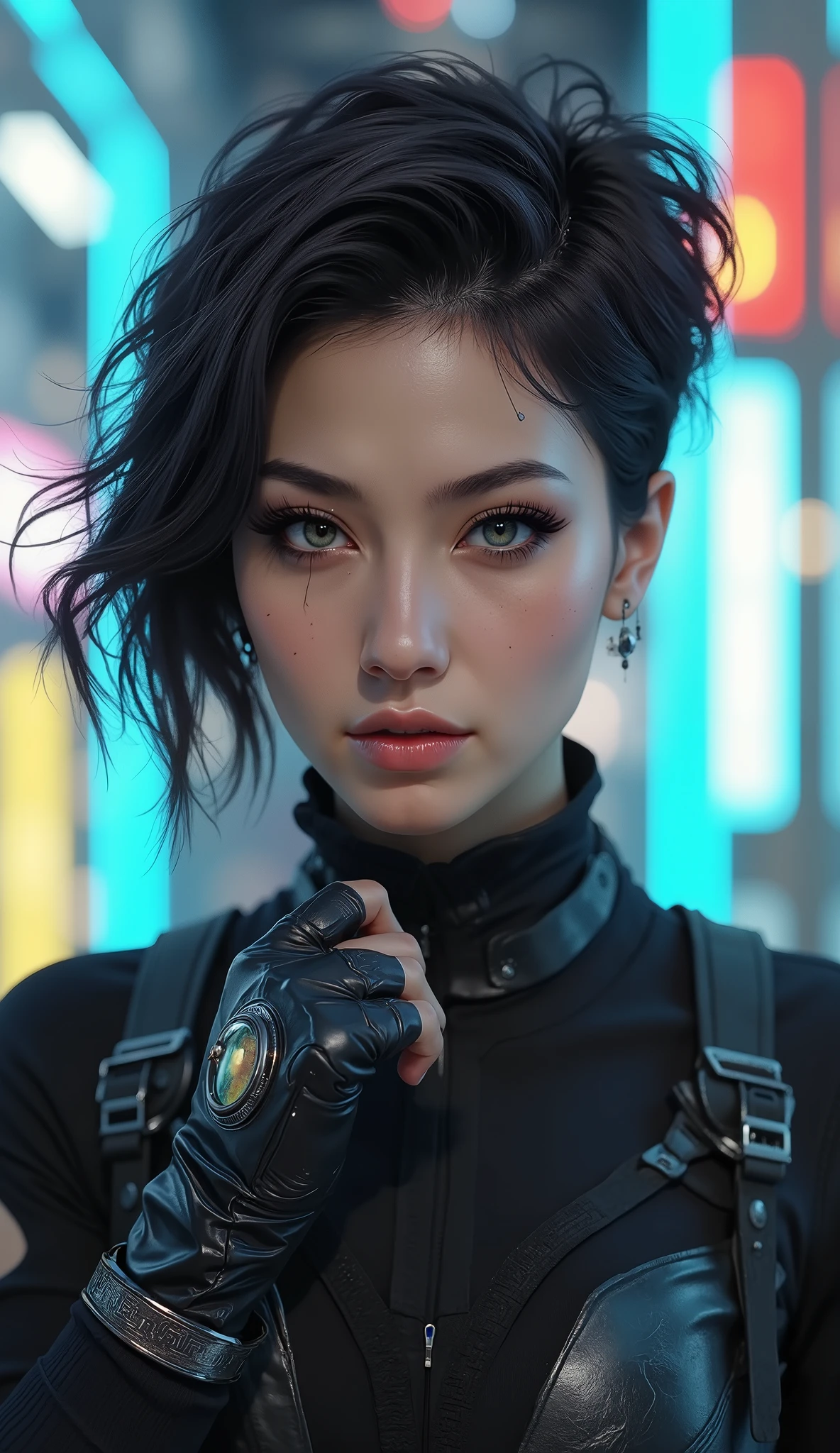 score_9, score_8_up, score_7_up, (by jailbird:1.5), (by kittydee:1.5), (by zummeng:1.5), masterpiece, best quality, (solo),  
1girl, expressive eyes, feminine eyes, perfect face, grey eyes, (white hair:1.5), (punk style hair), (asymmetrical haircut), medium breasts, (jumpsuit:1.5), (fingerless gloves:1.5), Cyberspace