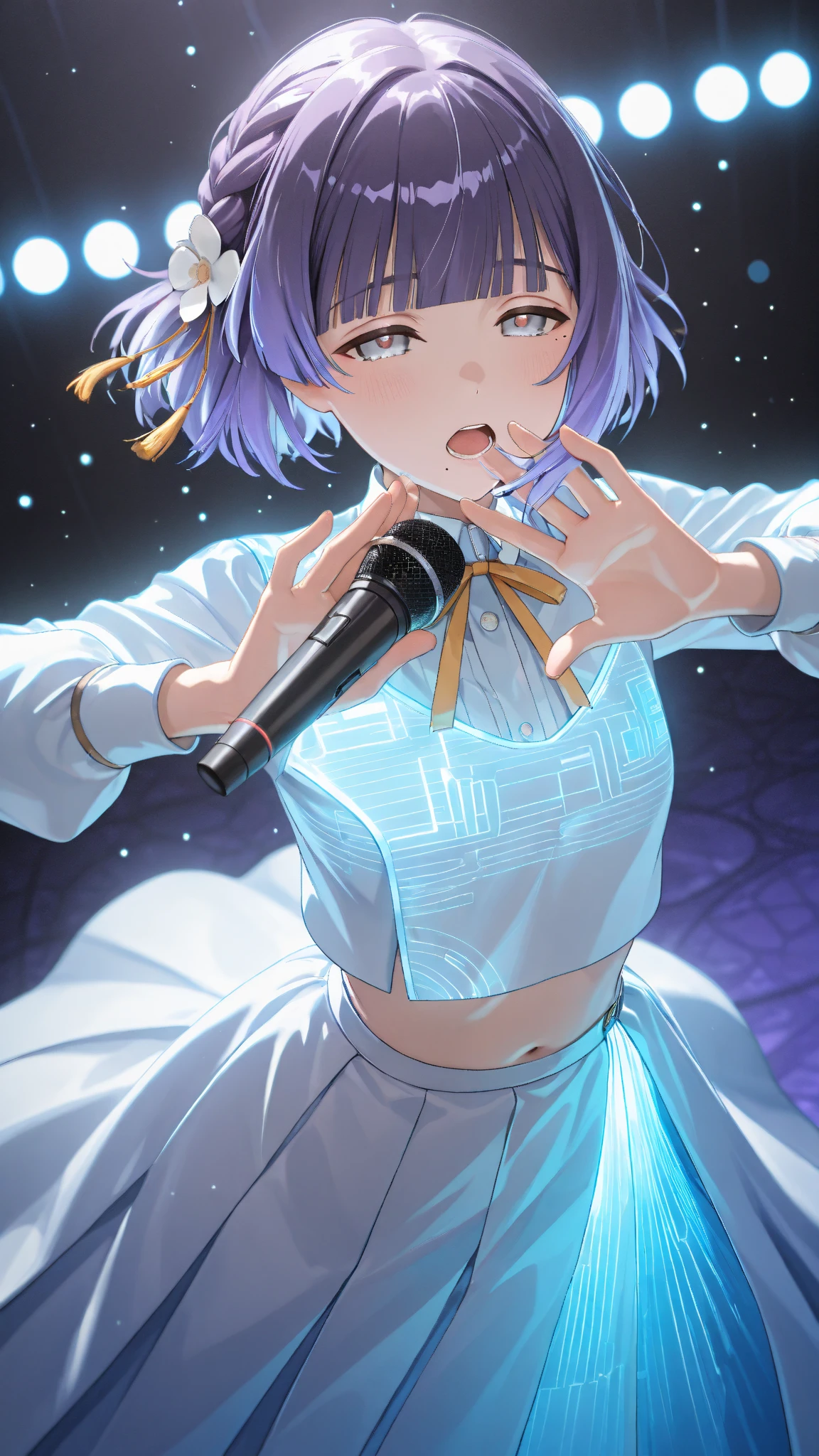 1girl in、NFSW, Face, (((Toru Asakura:1.37, Solo))), (((Close-up of face))), (Beautiful face, Cute face, Detailed face), ((())), (((Detailed beautiful green eyes))), BREAK, (((Sunny))), (((On stage live))), (((blue hairs、耳环、gradation hair、multi color hair、Parted bangs、Purple hair、short-cut、Pure white idol costume))), BREAK, extremely detailed CG unified 8k wallpaper, very fine 8KCG wallpaper, anime moe art style, Anime visuals of cute girls, anime style portrait, In an anime style, Beautiful anime, 8K Anime Art Style, In anime style、8K animation with detailed drawings, (masterpiece, Best Quality), High resolution, Ultra-detailed, ultra-sharp, Cinematic lighting、The upper part of the body、Extreme close-up view、HDR、UHD、8K、Glowing eyes, blue-sky、sparkling pupils,happy, sparkling pupils,happy,reaching out ,forward hands,floating hair, shiny hair,outdoors, wind,sparkling pupils,happy,sexy body,(Perfect Anatomy:1.2),((Perfect hands:1.2)),shoot from side、top-quality、Full limbs、complete fingers、、Singing、Dancing、A big smile