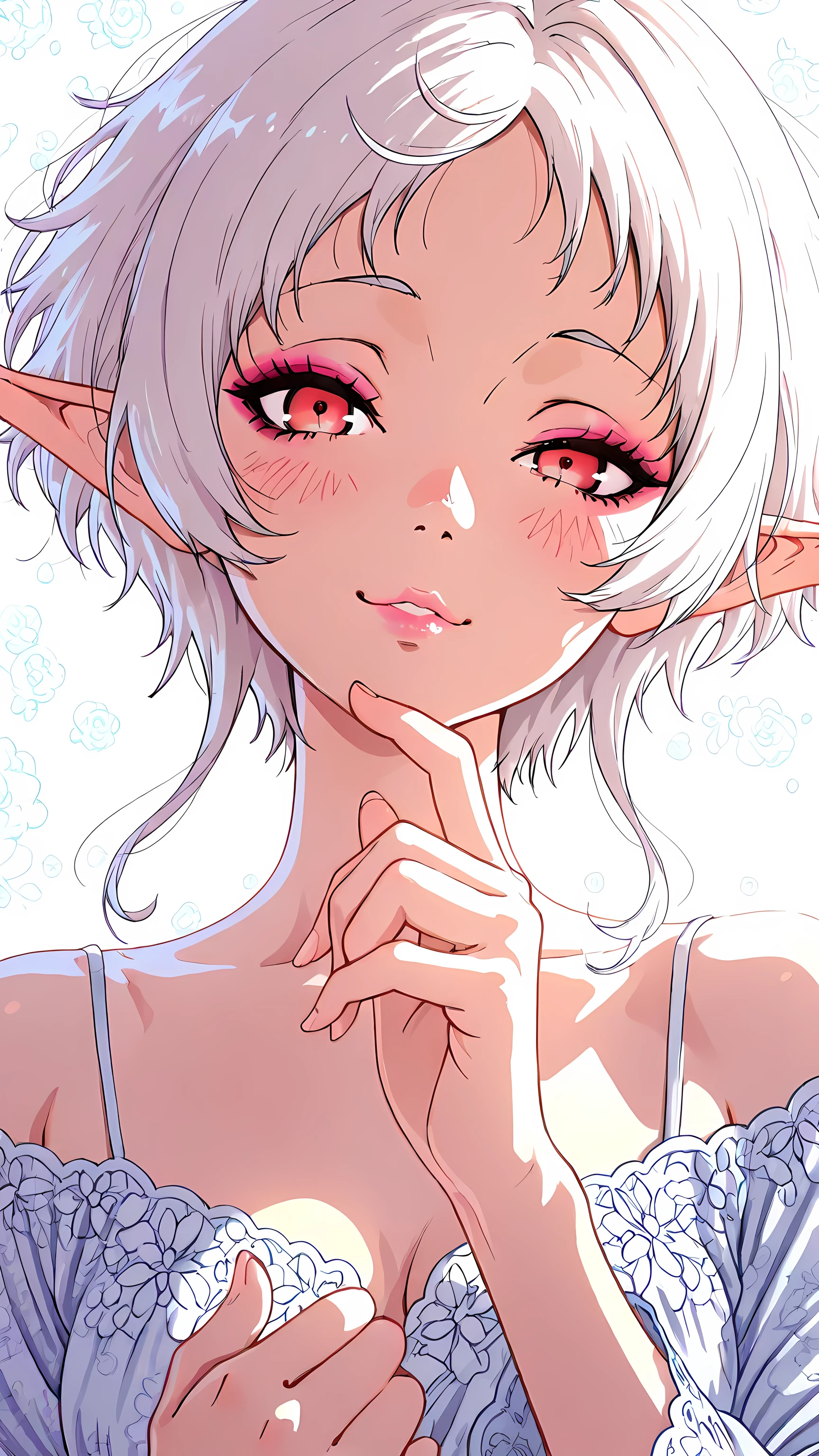 4K, ultra high resolution, masterpiece, 9:16 portrait, soft pastel color palette, delicate anime illustration.
Sylphiette from Mushoku Tensei with a romantic pastel aesthetic, medium close-up showing part of the shoulders and chest with more context of the dress, soft frontal angle, soft diffused lighting,
Posing with one hand touching her lips in a shy and flirtatious manner, playful wink, subtle blush, dreamy expression.
Wearing a romantic wrap dress with a delicate floral print, soft pastel tones combining pale greens, creams, and blush pinks, flowing, sheer sleeves with subtle floral prints, light, silky fabric with natural folds and translucency that catches the light,
((White hair and red eyes))
pastel makeup with soft pink eyeshadow, defined lashes, glossy pink lips,
white background, no floating elements, art style inspired by Ilya Kuvshinov and Tiv, fine and clean line art, subtle shading, soft gradients, luminous representation of skin, cinematic framing, highly detailed face and eyes, intricate hair strands, photorealistic lighting effects.