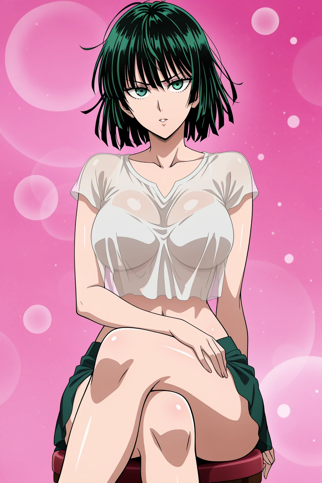 1990s (style) 1980s (style) retro artstyle, One woman, MYLF, bob_cut, black_hair, green_eyes, large breasts, NSFW, sweating, open kimono, smiling
