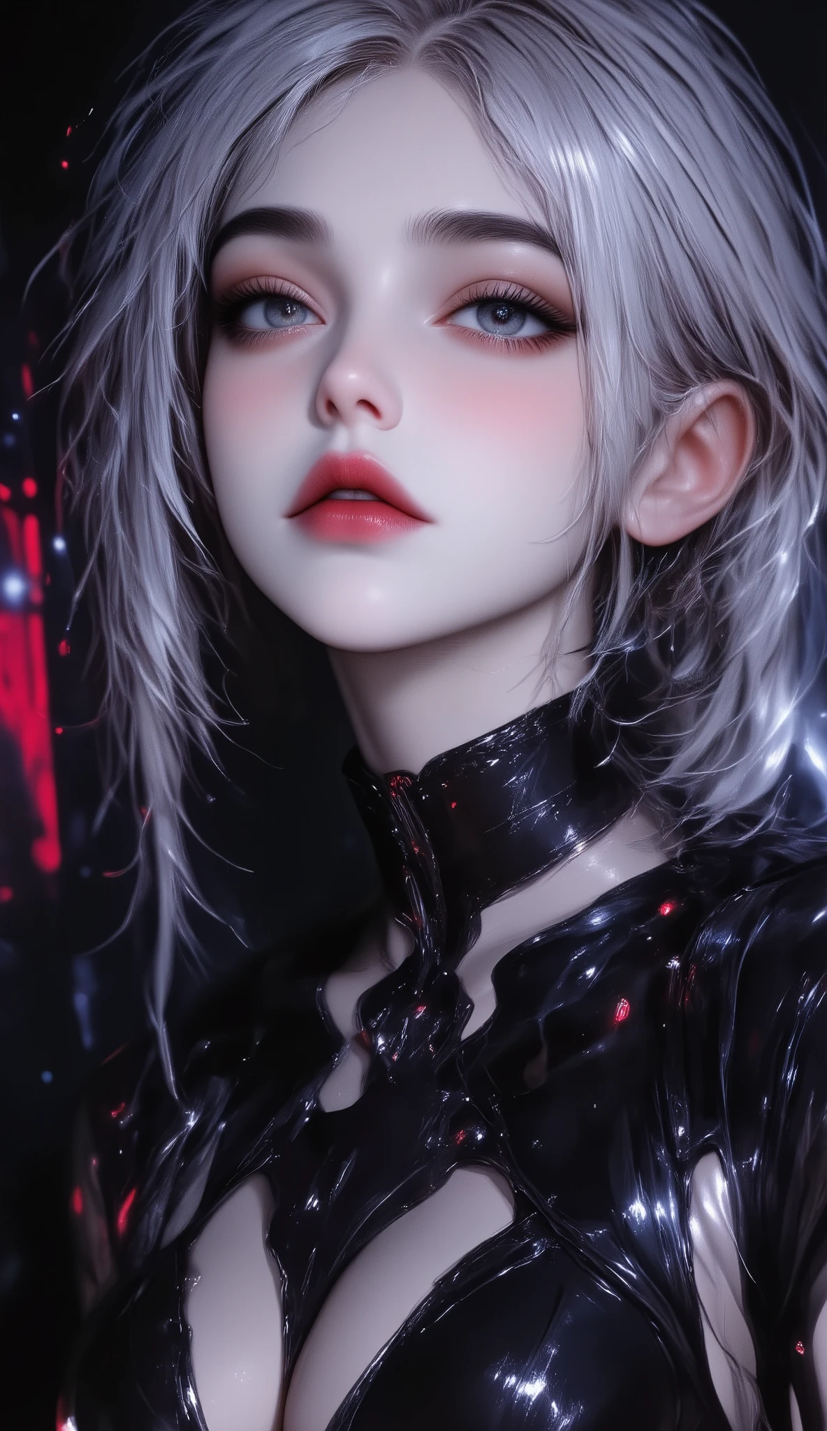 score_9, score_8_up, score_7_up, (by jailbird:1.5), (by kittydee:1.5), (by zummeng:1.5), masterpiece, best quality, (solo),  
1girl, expressive eyes, feminine eyes, perfect face, grey eyes, (white hair:1.5), (punk style hair), (asymmetrical haircut), medium breasts, (jumpsuit:1.5), (fingerless gloves:1.5), Cyberspace