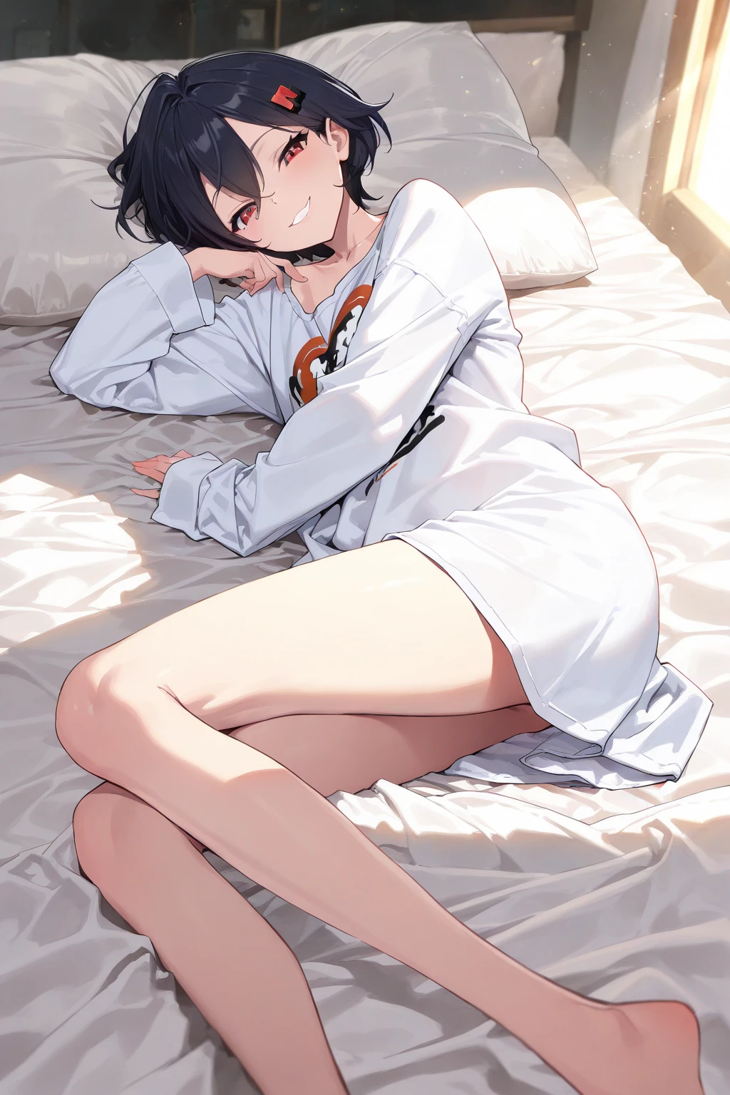 (short cute girl，small young student，young delicate girl）,（masterpiece，Top quality)，hugging own legs，sit with one's knees，bend legs，black hair