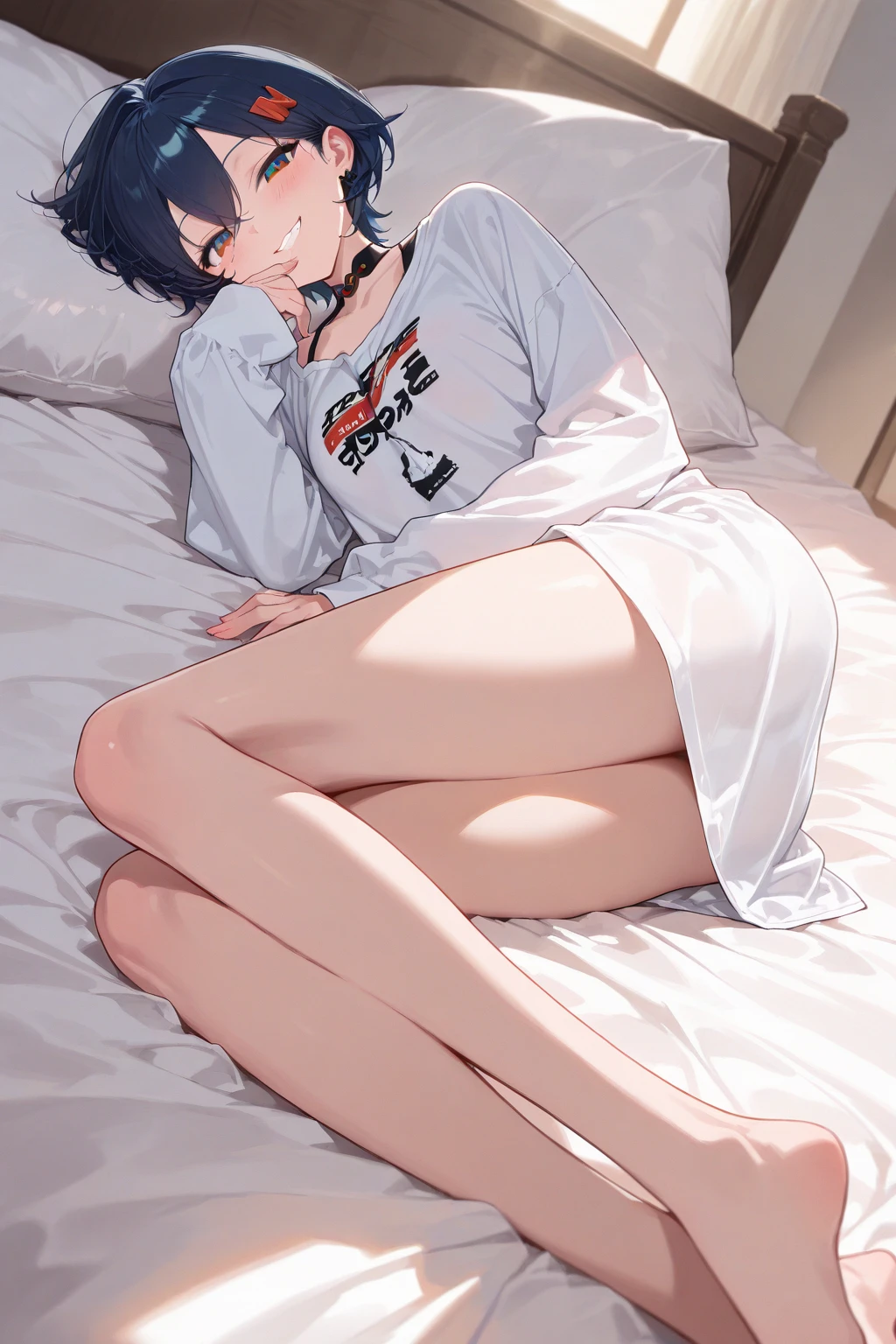 ((best quality,4K,high resolution,masterpiece:1.2)), (whole body:1.2), (Young Girls),(((Love Hotels)))、Contempt、 、Pick and black hoodie、1 Girl, Black Hair, long hair, Sleep, Light Particles, wallpaper, Extra short hot pants,A young girl lies flat on the bed in the bedroom, hugging her knees and showing a cute expression in the sun.