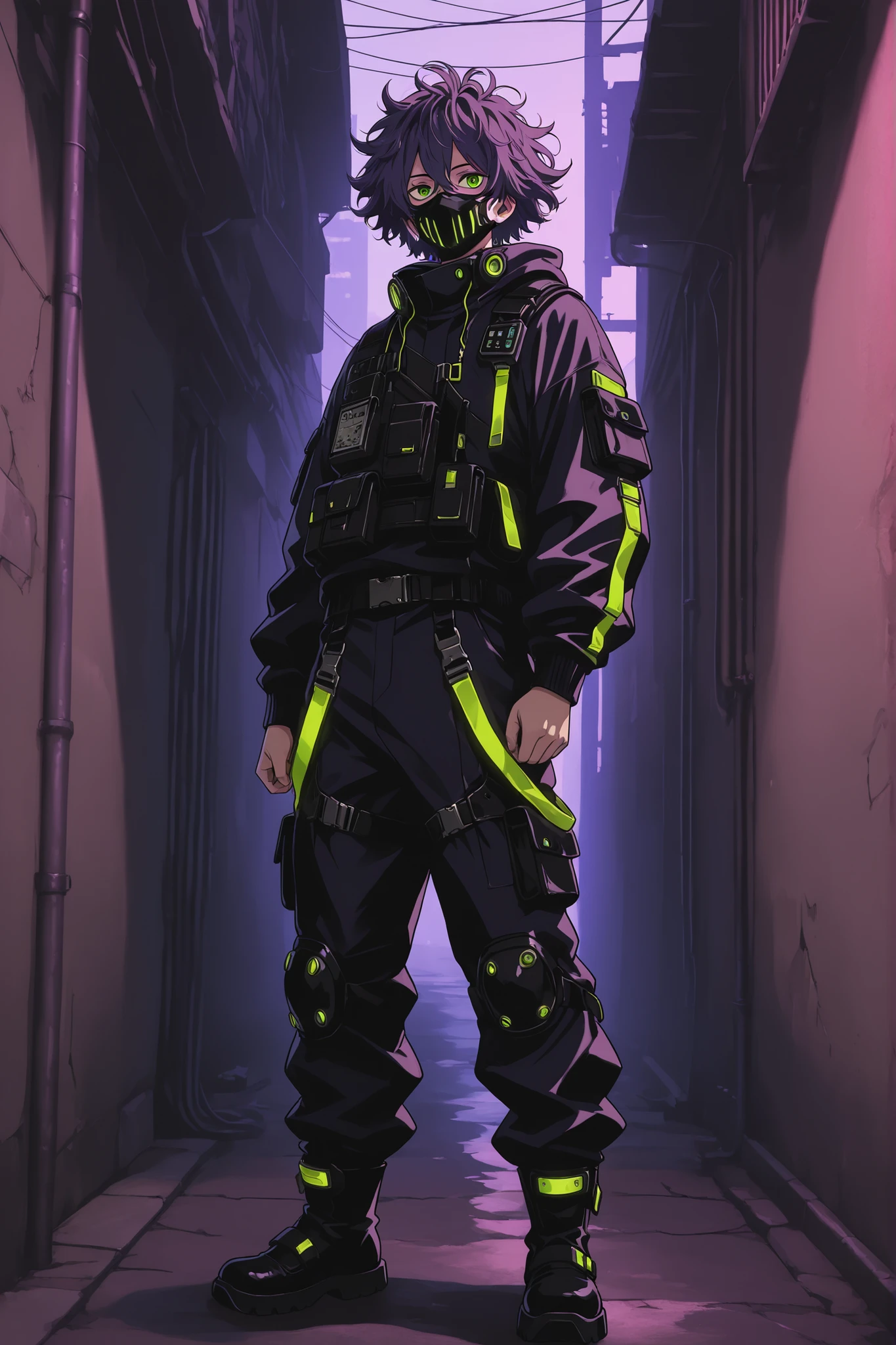 Masterpiece, Highest Quality, 1boy, messy hair, purple hair, green eyes, full body shot, standing in an alley, wears a unique outfit, techwear, face mask with design on it,