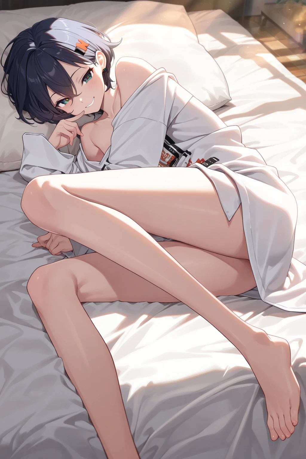 Jk young girl with short and medium black hair，white short socks，White pile socks，8K，Need,tmasterpiece,Bedrooms，inns，whaite hair,Blue-eyed girl kneeling in front of the bed,White shirt with buttons unbuttoned,seminude，Look up at the perspective:1.5,Raised sexy,Hairline,is shy，Be red in the face，Fair skin,Cut off bangs，[Remove the white stockings from the legs with both hands]，Lower body naked，sitting on his knees on the bed，is shy