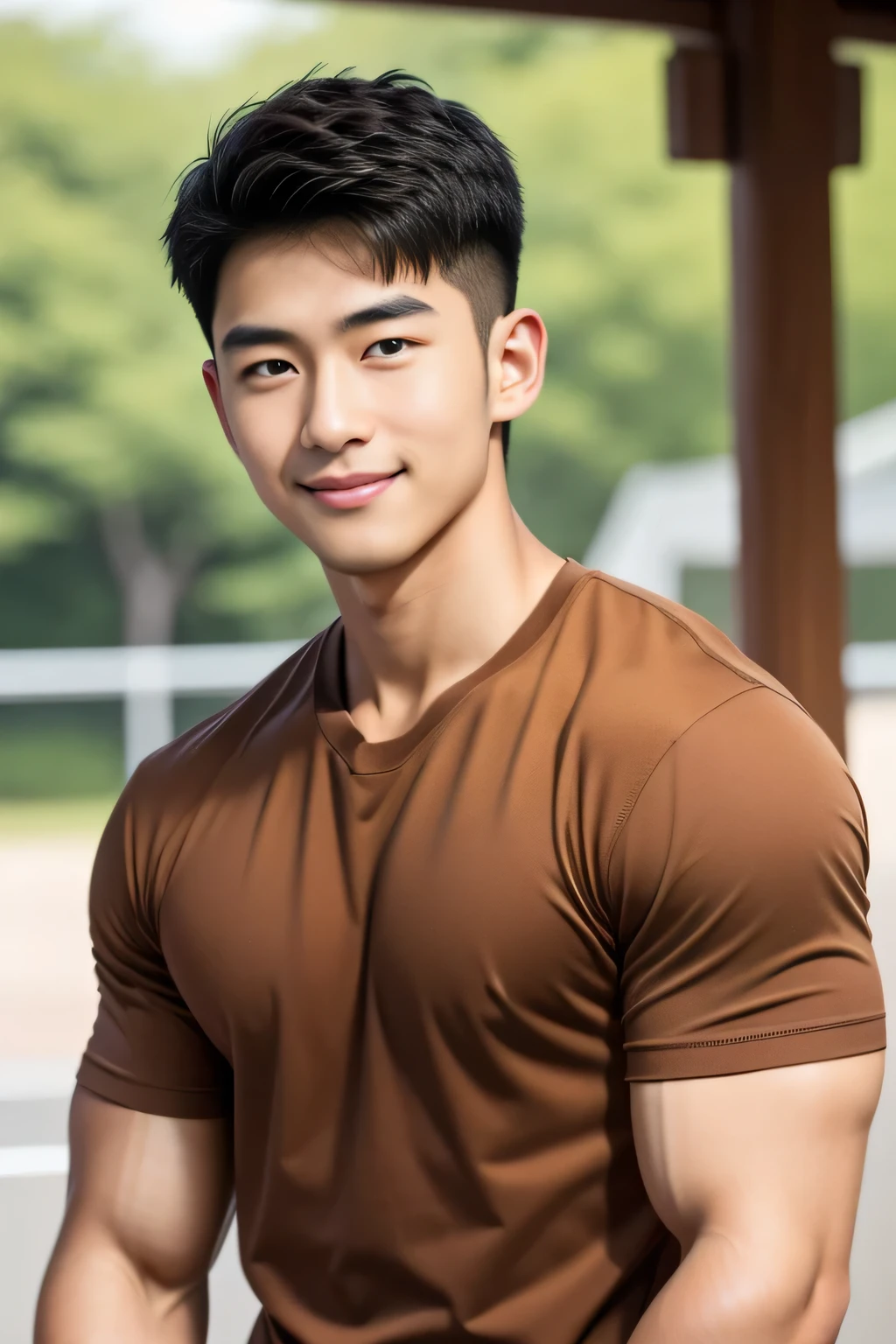 18-year-old male、Japanese、handsome guys、Macho、athlete、plain brown clothes、short hair、smile