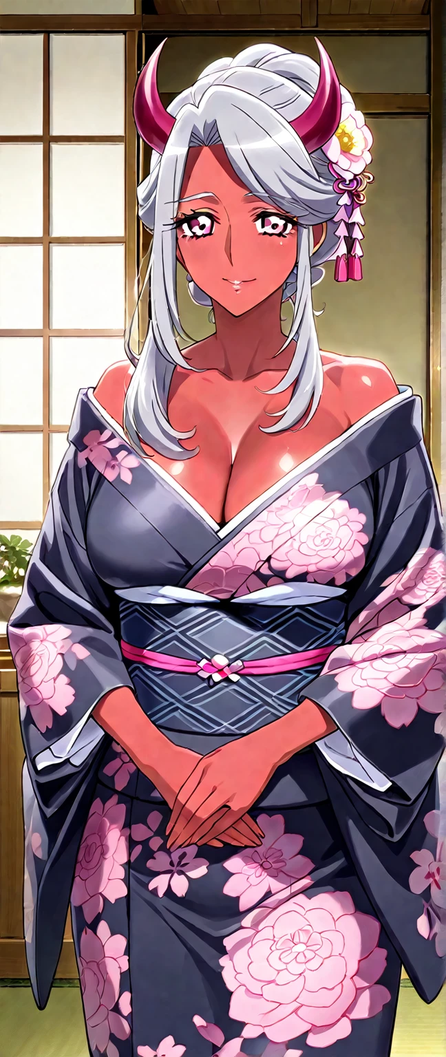 huge ,  smile, busty, kimono, cleavage, silver hair, blue eyes, long hair, milf, upperbody, 