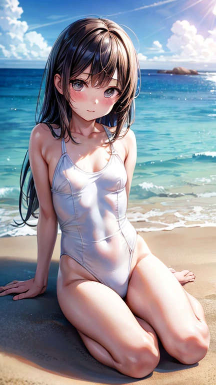 epic realistic, A girl is sitting, in a swimsuit, on the beach, rutkowski, rim light, maximum details, (natural skin texture, hyperrealism, soft light, muted colors), background