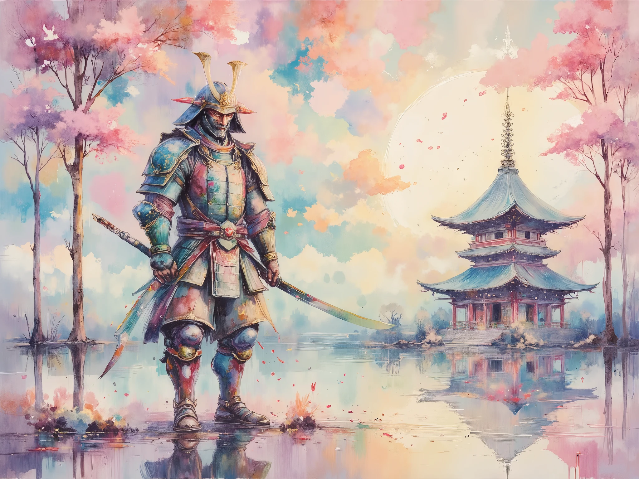 a samurai wearing traditional armor、holding a sword firmly with both hands、Standing on the right side at shoulder height、leaning forward with the body slightly angled。exudes the tension and power of the moment they are about to be slashed。and、has the luster and depth of metal、Rap and unique horned helmets ride in the characteristic。the armor is finely decorated with gold and silver decorations、wind to create a moving scene。leather in the background、Five-storied pagoda seen in the distance。vivid colors in pastel tones in an impressionist-style watercolor style、soft brushstrokes、Paper Texture、cherry blossom petals in full bloom all around、a masterpiece drawn in high resolution。
