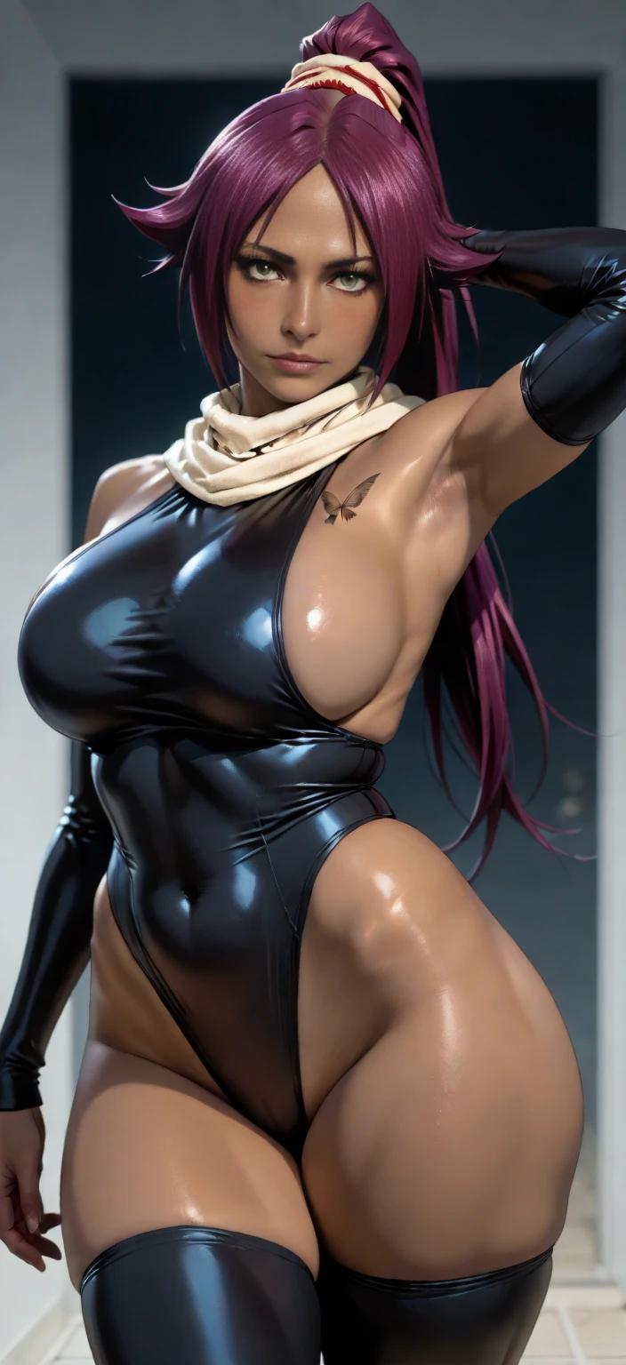 (table top, highest quality:1.2), 1 girl, alone,( dynamic angle,:1.1) mature, 100facehassan, destiny, (dark gray skin:1.2), blue eyes, long hair, purple hair, ponytail, big lips, blank expression, gold jewelry, big breasts, pants, Tight, belly button, abs, hoop earrings, halter neck, Dark background, background、realistic, Plump buttocks, slender body, Tightウエスト, from low behind 5meters, lingerie sweat