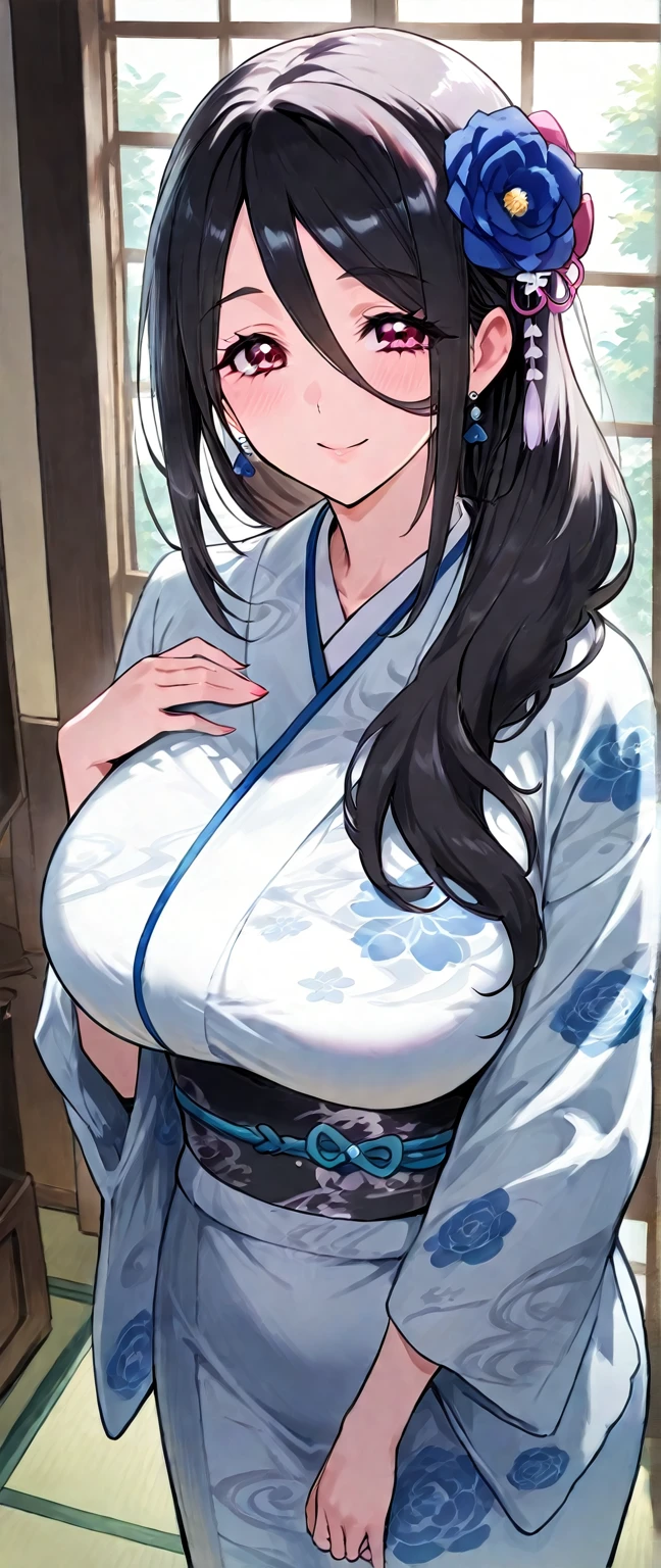 Beautiful woman, with long wet hair draped over shoulders, towel wrapped around voluptuous body, exposing ample cleavage from off-shoulder pose, radiant smile, bathroom setting, vibrant colors, warm lighting, ultra-detailed rendering, realism, 4K resolution.