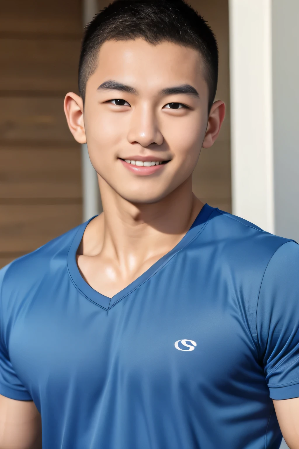 18-year-old male、Japanese、handsome guys、Macho、athlete、plain blue clothes、Shaved head、smile