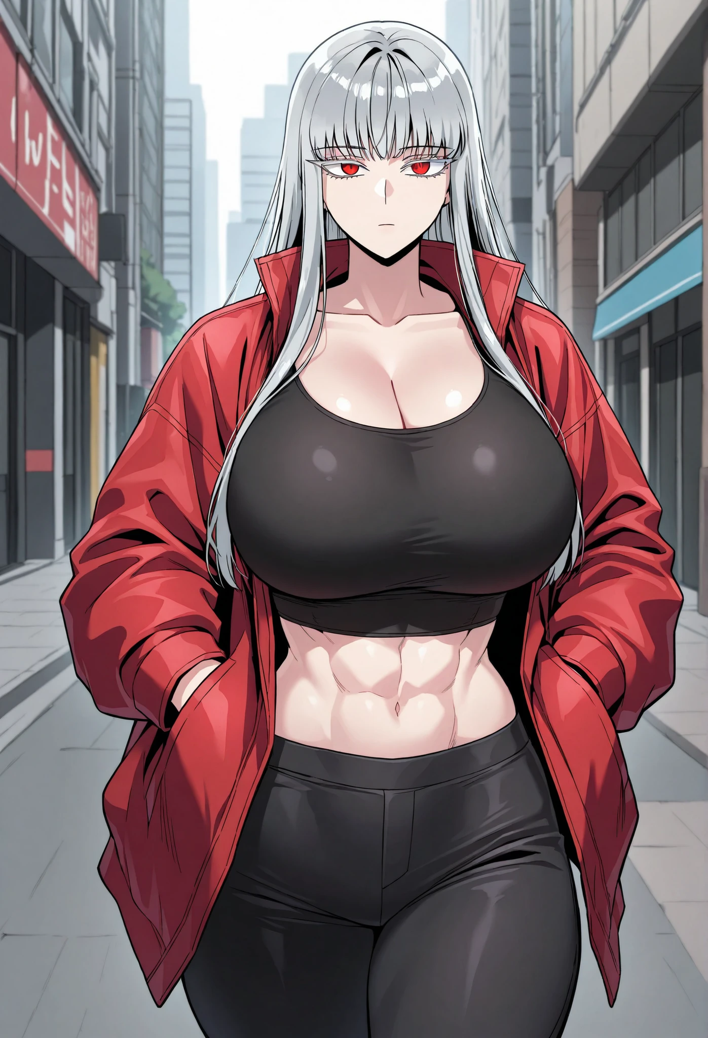 Masterpiece, source_anime, top-quality, perfect anatomically, correct , sharp focus, 4K, 8K, anime girl, highres, beautiful face girl, ultra detail, correct details, perfect details, 1girl, Webtoon Character) Ihwa / 이화 (Hero killer / 히어로 킬러), solo, bright skin, tall:1.3, fit female, athletic figure, abs muscles, six-pack details, bright skin, light grey hair, long hair, bangs, smooth hair, straight hair, grey eyelashes, red eyes, sharp eyes, eyes detailed, emotionless face, wide shoulders, curvy, very , , , :2.4, thick , beautiful shape , collarbone, cleavage, thick , thick thighs, black crop top, navel, red jacket, black pants, walking, upper body, cowboy shot, close up, outdoor, in the city,, hands in pockets safe for work, side view, side pov, looking at viewer