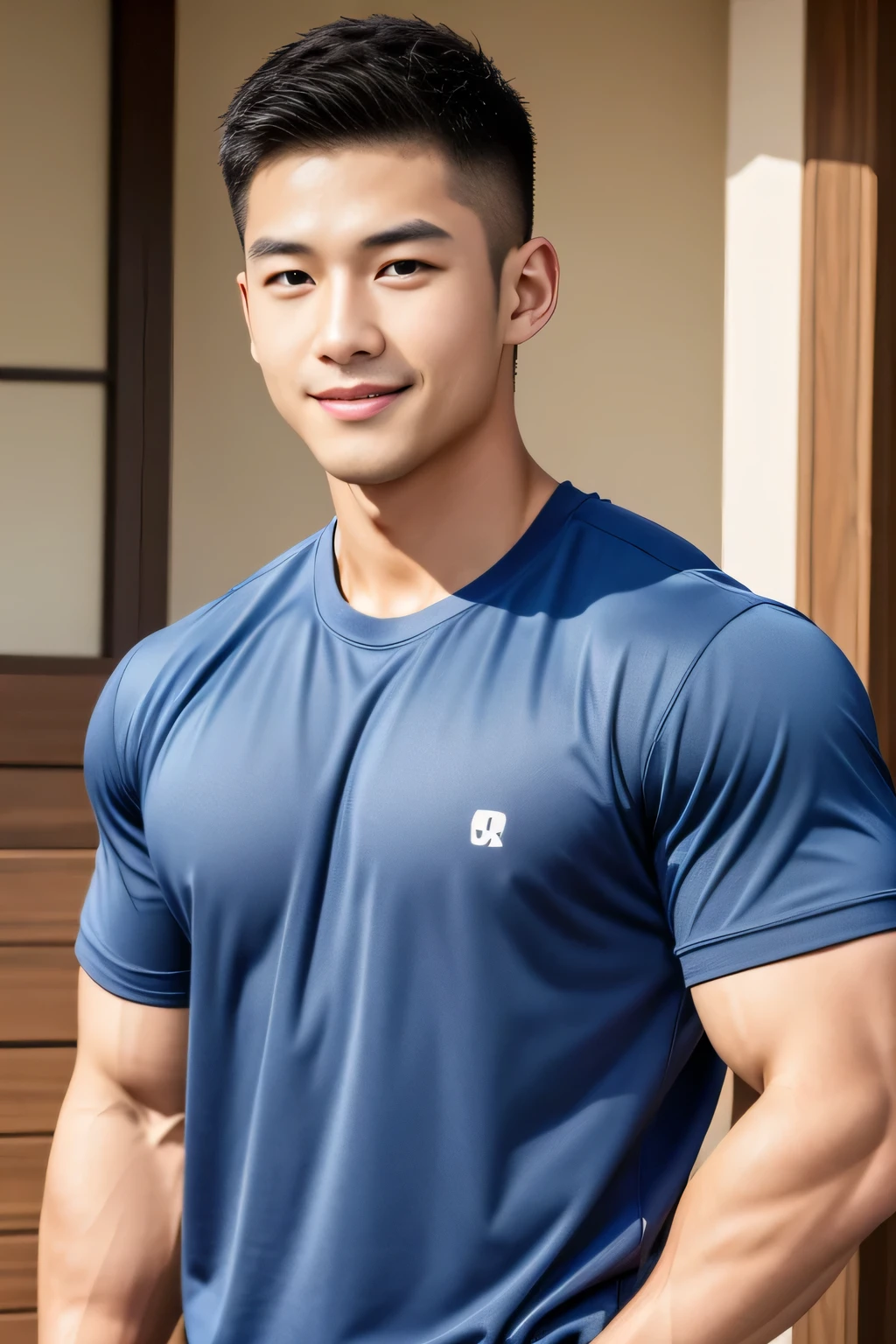 18-year-old male、Japanese、handsome guys、Macho、athlete、plain navy colored clothes、Shaved head、smile